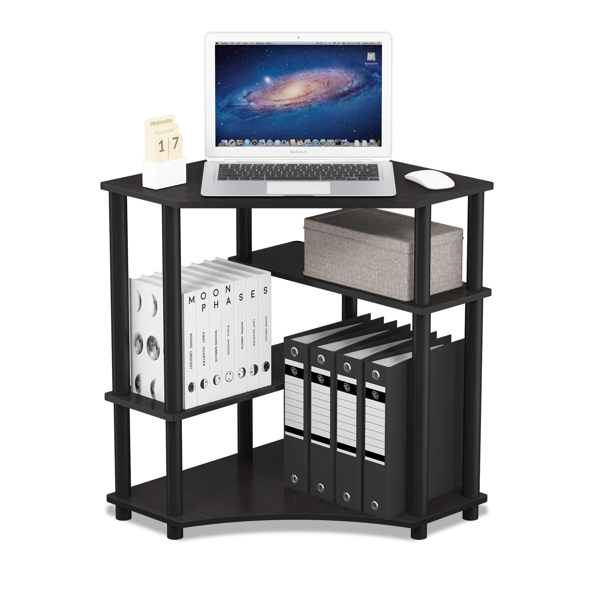 FURINNO Turn-N-Tube Compact Corner Computer Desk with Storage Shelf - Espresso/Black Finish - Perfect for Small Spaces, Home Office & Dorm Rooms