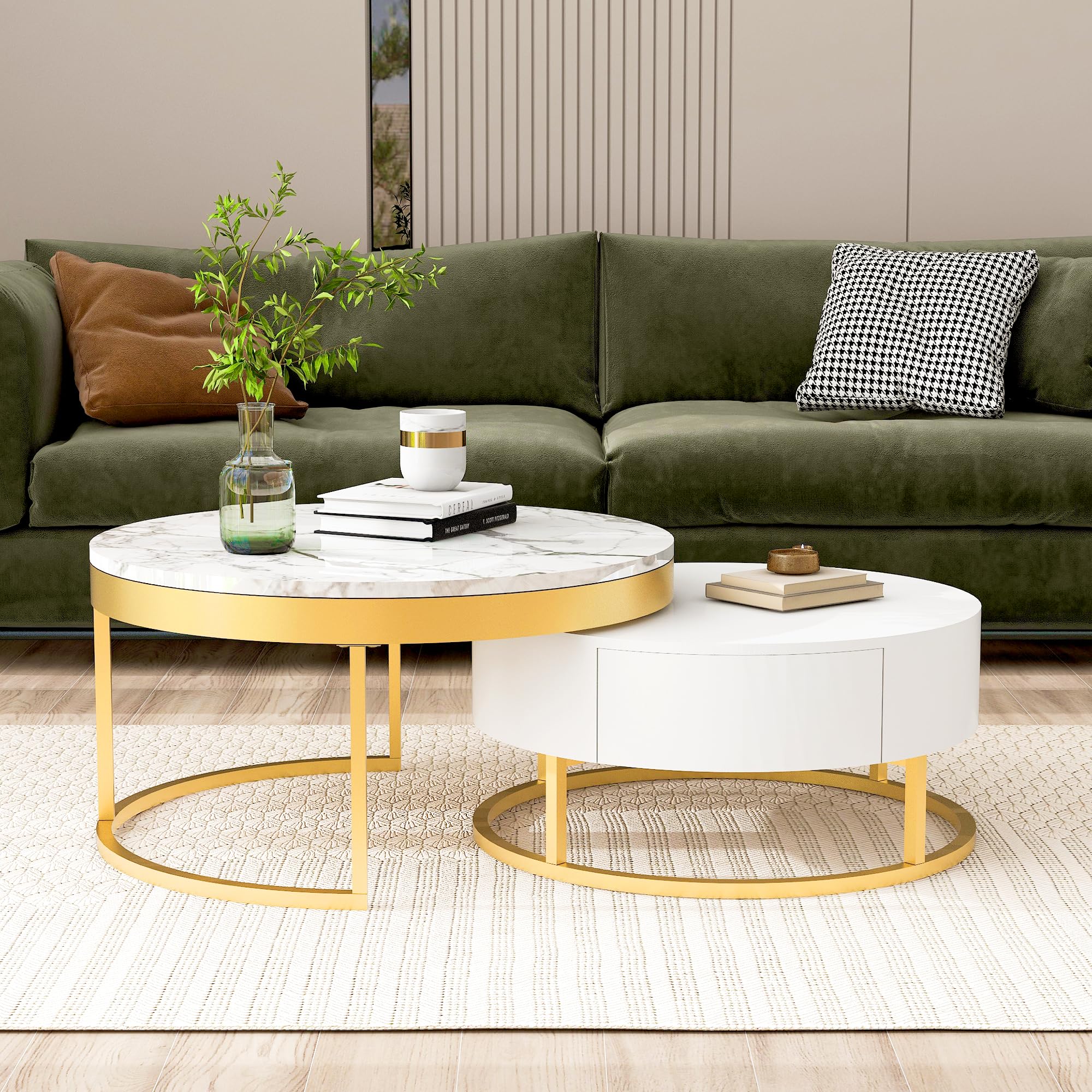 Modern White Round Nesting Coffee Table with Drawers - Stylish Circle Living Room Furniture for Small Spaces | Perfect for Apartments, Lounge Areas & Home Decor