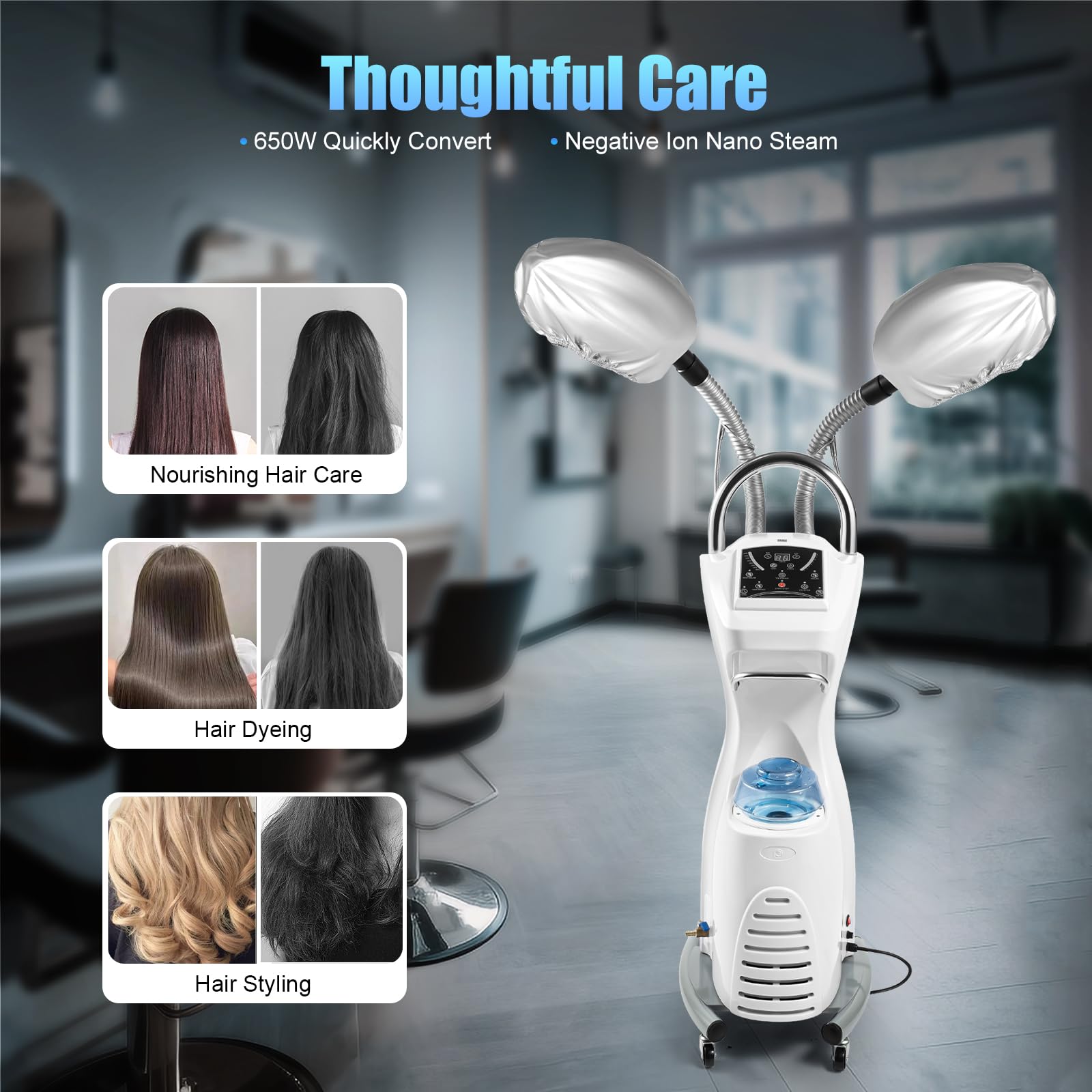 7 in 1 Professional Hair Steamer Dryer with Orbiting Rollerball & Rolling Base - 110V Hooded Hair Treatment Machine for Perming, Coloring & Styling | Salon & Home Use for Deep Conditioning & Hair Care
