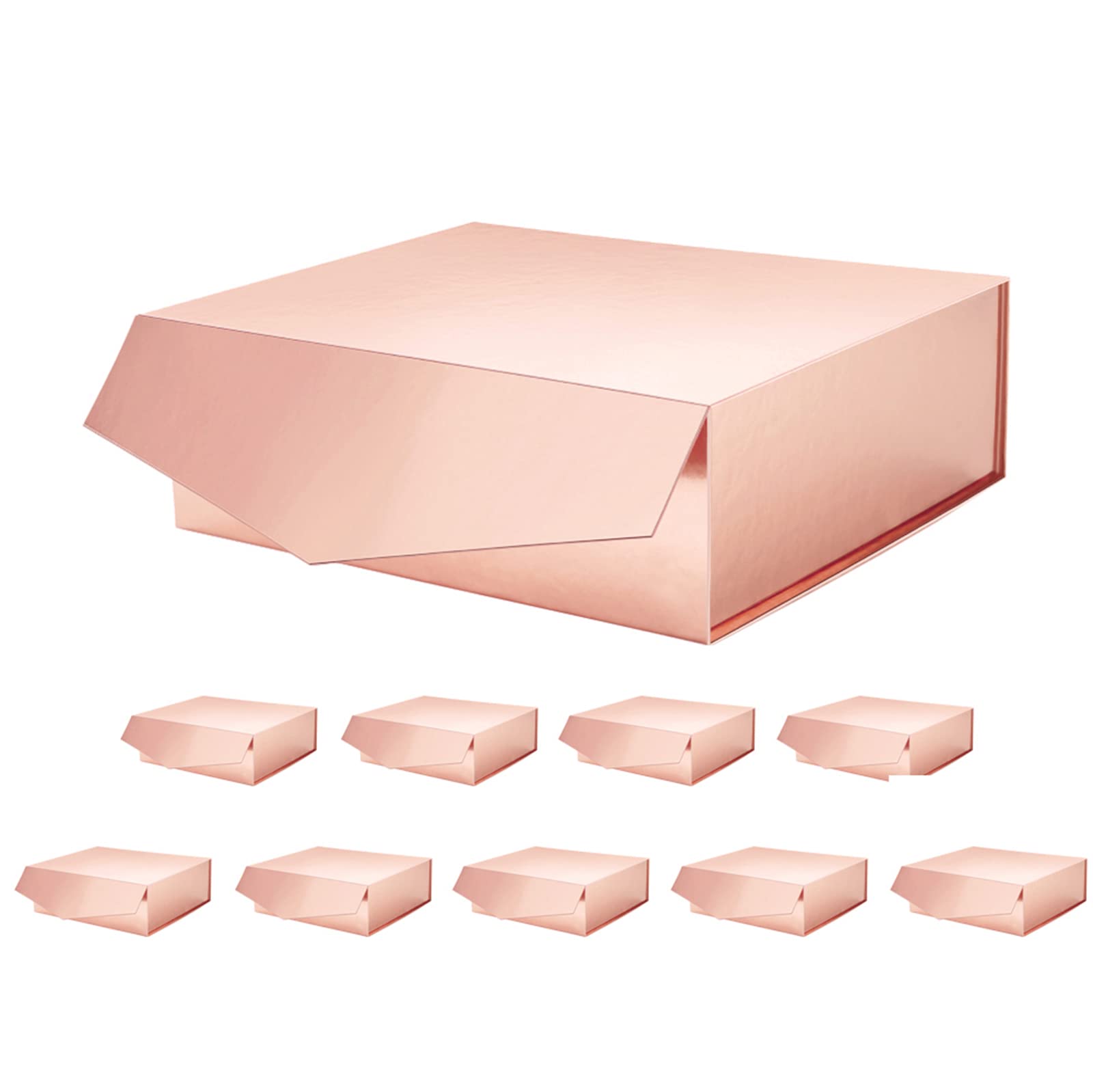 PACKQUEEN 10 Pack 9x9x3.4 Inch Premium Rose Gold Gift Boxes with Magnetic Closure - Elegant Bridesmaid Proposal Boxes, Wedding Favors, Birthday & Holiday Gift Packaging (Glossy Finish)
