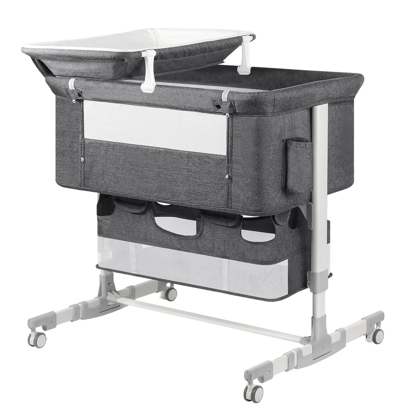 Portable Baby Bassinet Bedside Sleeper with Adjustable Height, Diaper Changing Station & Mosquito Net - 16 Gallon Storage Capacity, Grey - Perfect for Co-Sleeping, Nursery & Travel Use