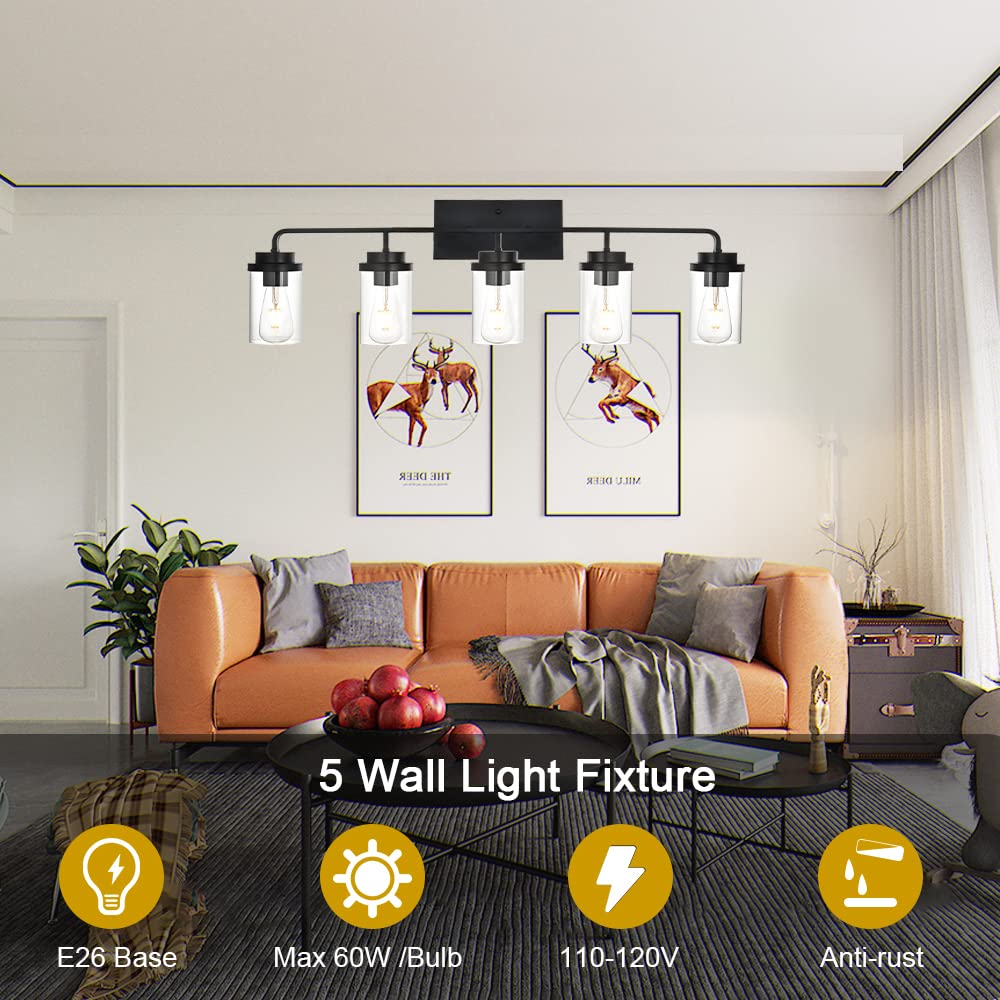 BONLICHT 5-Light Matte Black Bathroom Vanity Light with Clear Glass - Modern Wall Sconce Lighting Fixture for Bathroom Mirror, Farmhouse Dining Room, Foyer & Vanity Table - Waterproof & Dimmable for Home Decor