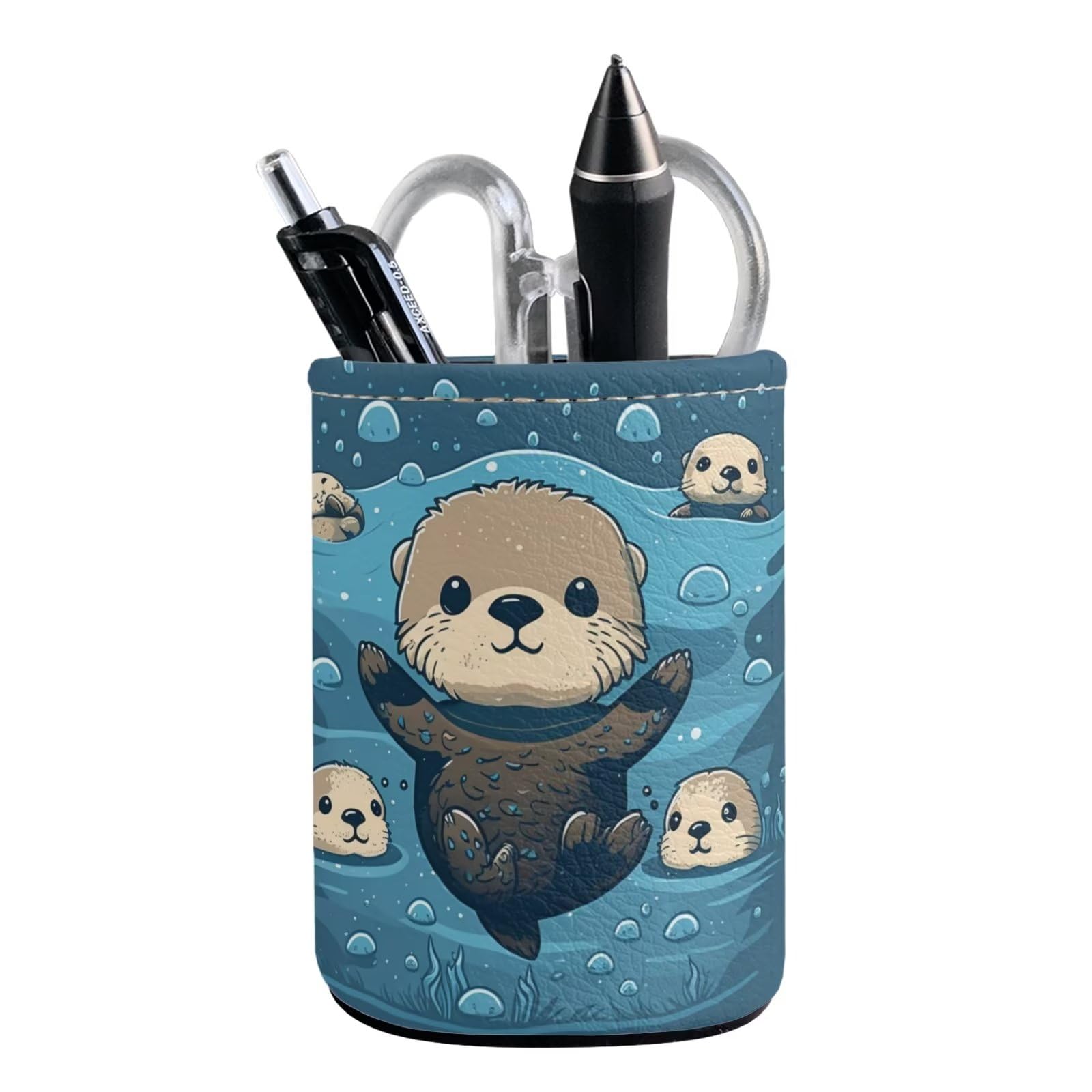 Upetstory Adorable Sea Otter Leather Pen Holder - Cute Pencil Cup & Makeup Brush Organizer for Desk, School, Office | Perfect Workspace Storage Solution for Stationery, Cosmetics & Office Supplies