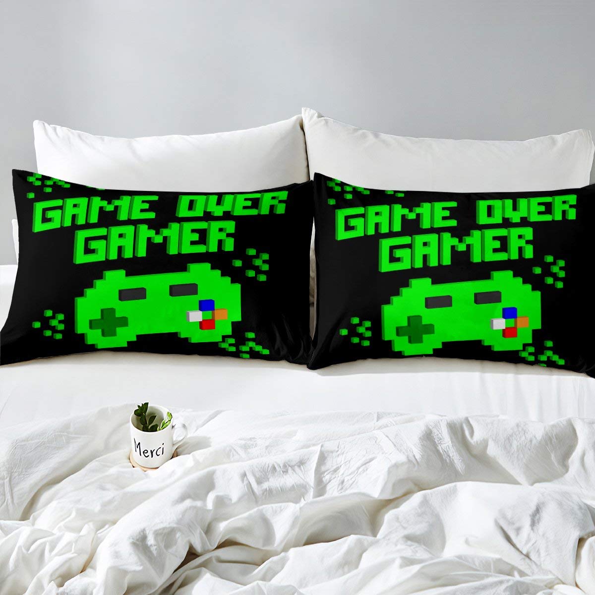 Retro Video Game Controller Bedding Set - Queen Size Gaming Bed Sheets for Kids, Boys & Girls - Green & Black Gamepad Fitted Sheet & Bed Cover - Perfect for Gamer Bedrooms, Teen Rooms & Modern Decor