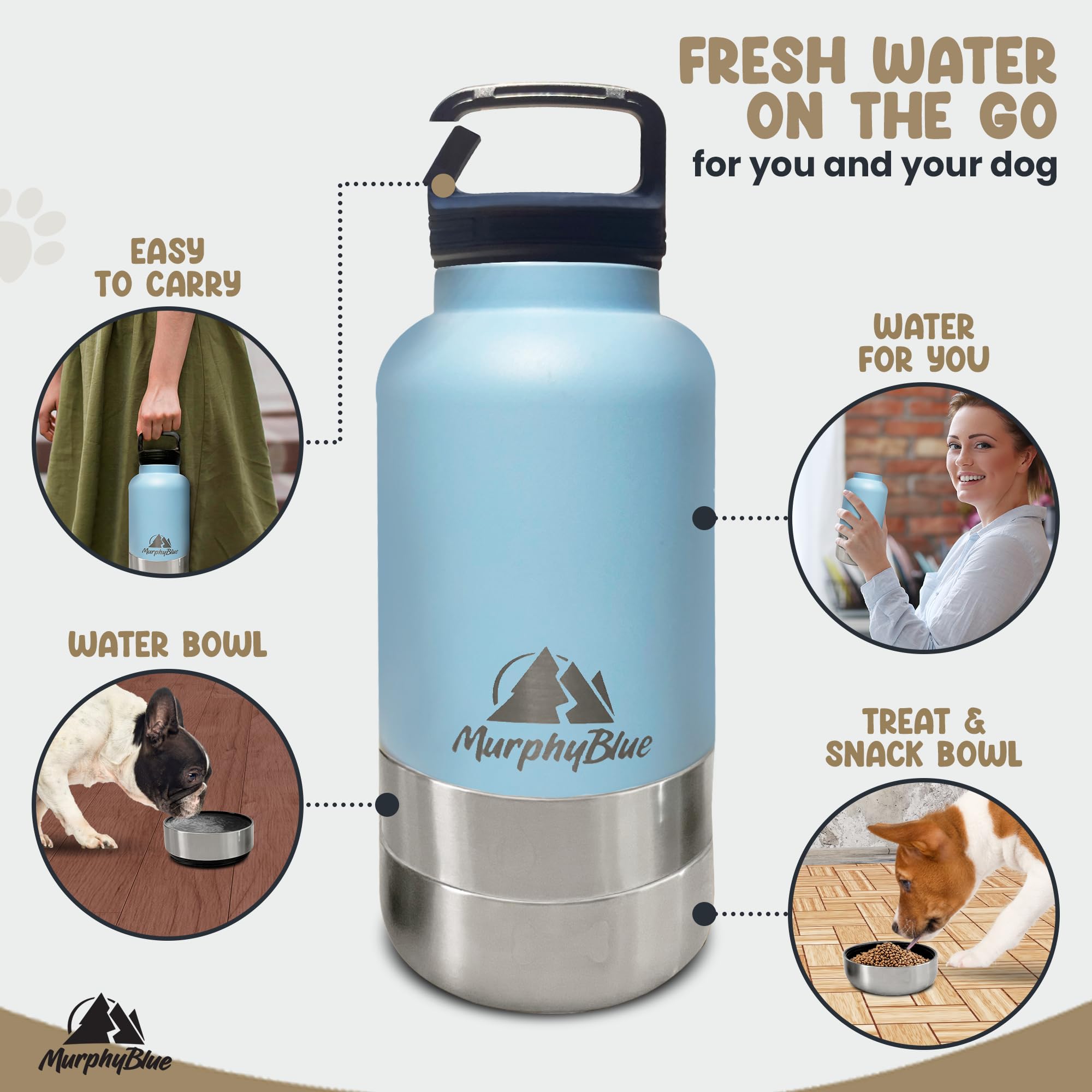 32oz Insulated Stainless Steel Dog Water Bottle with BPA-Free Detachable Bowls & Built-in Carabiner - Portable Pet Travel Water Dispenser for Hiking, Camping, and Outdoor Adventures