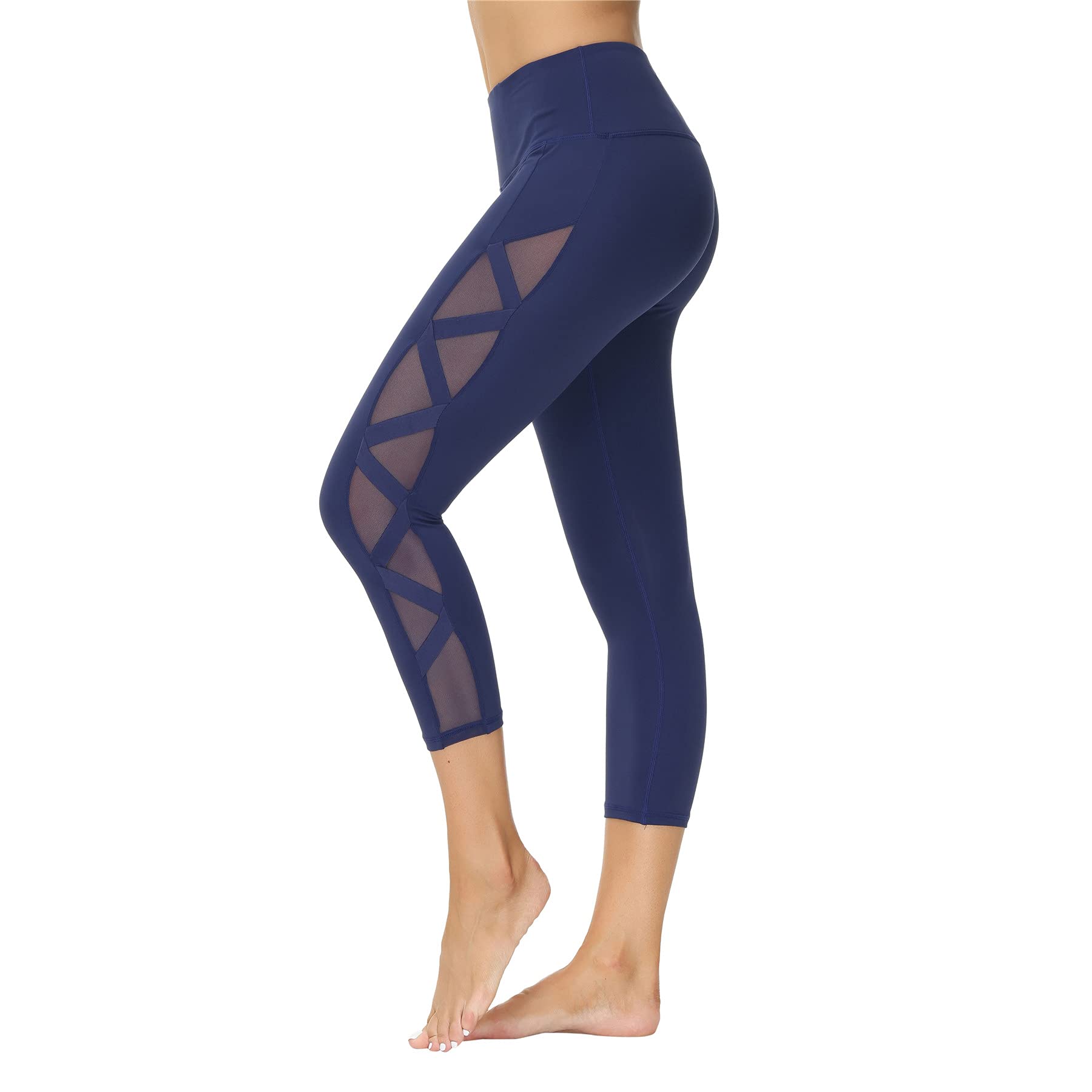 Romansong Women's High Waisted Yoga Pants with Pockets - 4-Way Stretch Mesh Capri Leggings, Tummy Control & Non See-Through for Workout, Running, Gym & Lounge Wear