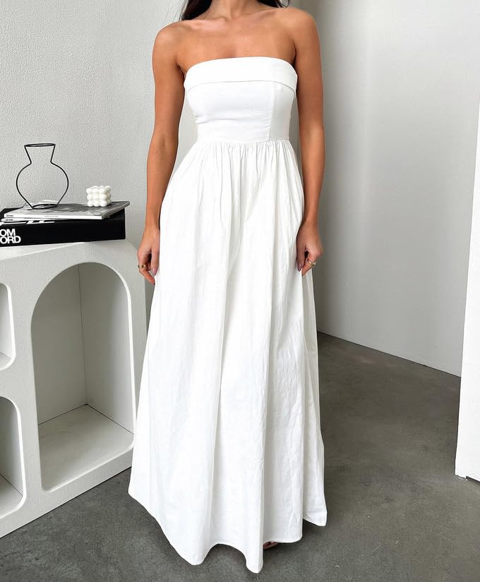 2024 Trendy Women's Summer Strapless Maxi Tube Dress - Solid Pleated Flowy Wedding Guest Dress for Party, Club & Beach Vacation | Elegant Evening Wear & Casual Outfit