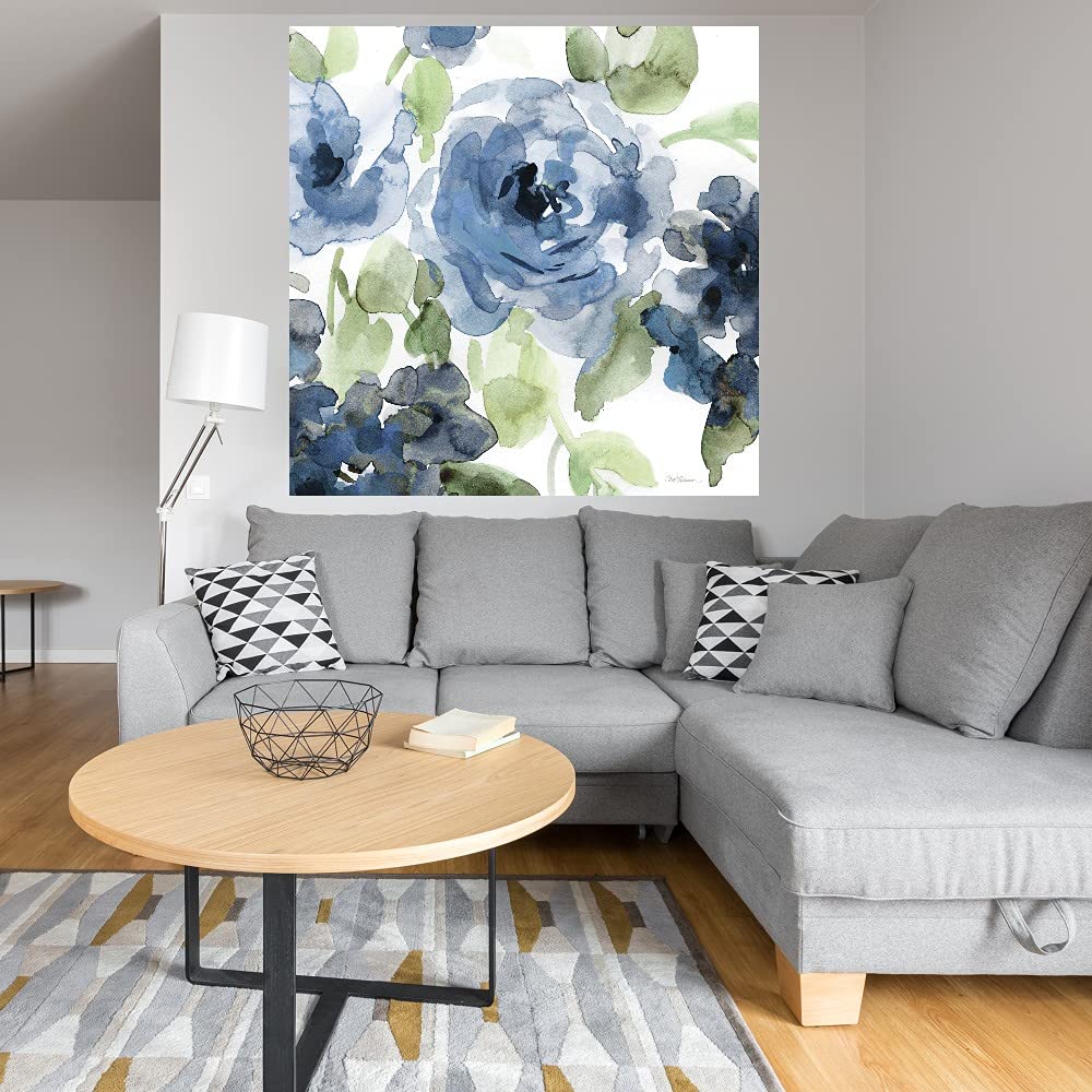 Botanical Wall Art Canvas - Blue Indigo Floral Painting by Carol Robinson 32x32 Inch, Bathroom & Bedroom Decor, Modern Plant Artwork for Home & Office