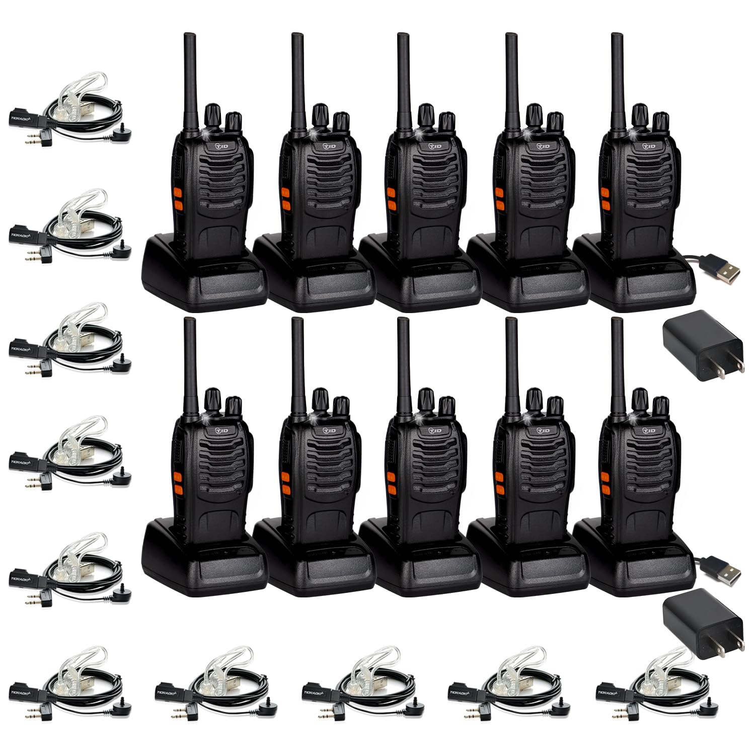 TIDRADO Long Range Walkie Talkies for Adults - 10 Pack Rechargeable Two Way Radios with 16CH, Frequency Copy, VOX & Flashlight - Ideal for Business, Outdoor Adventures & Emergency Communication (Black)