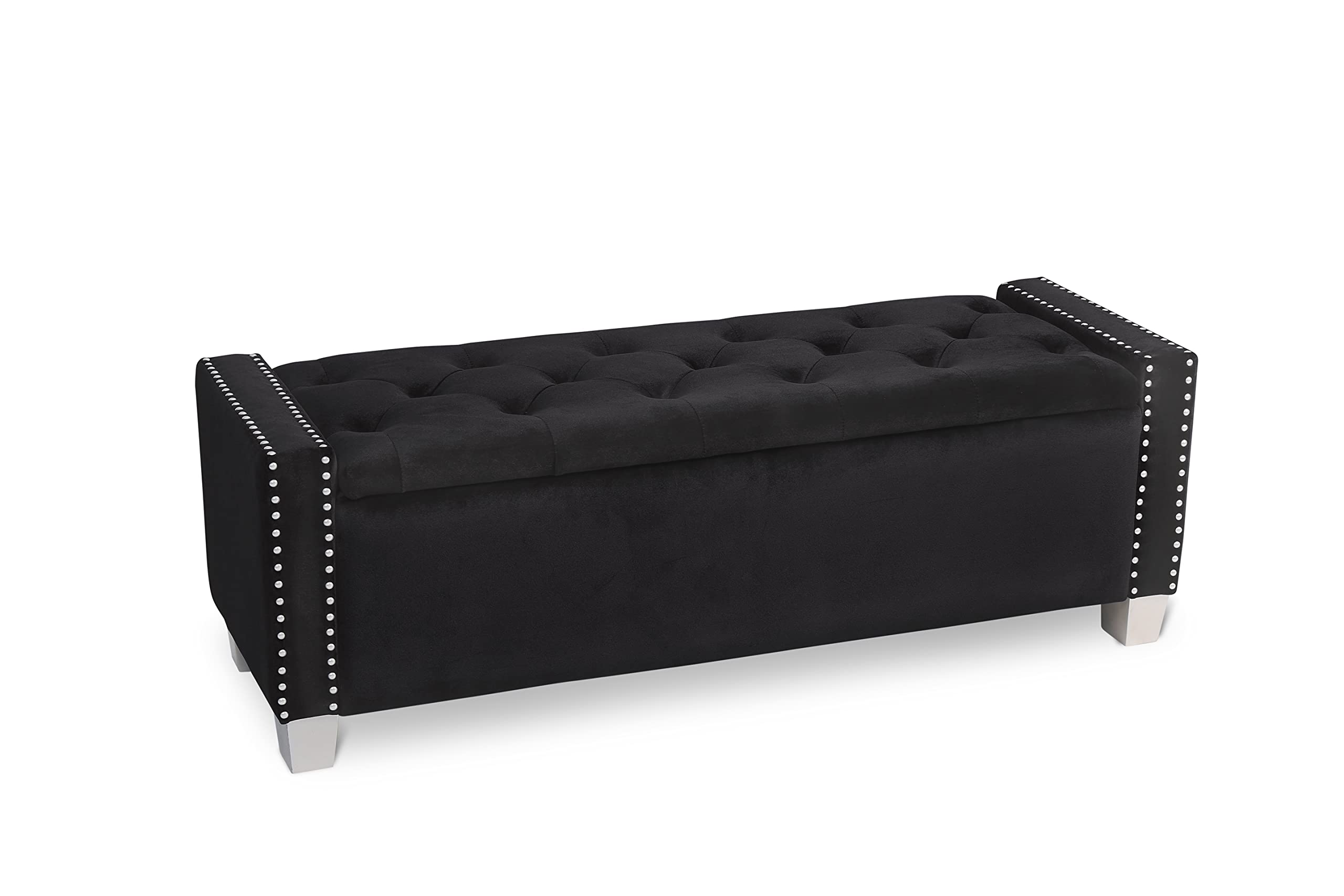 Velvet Upholstered Storage Bench with Cushion - Black | Entryway, Bedroom, Living Room Seating & Storage Solution