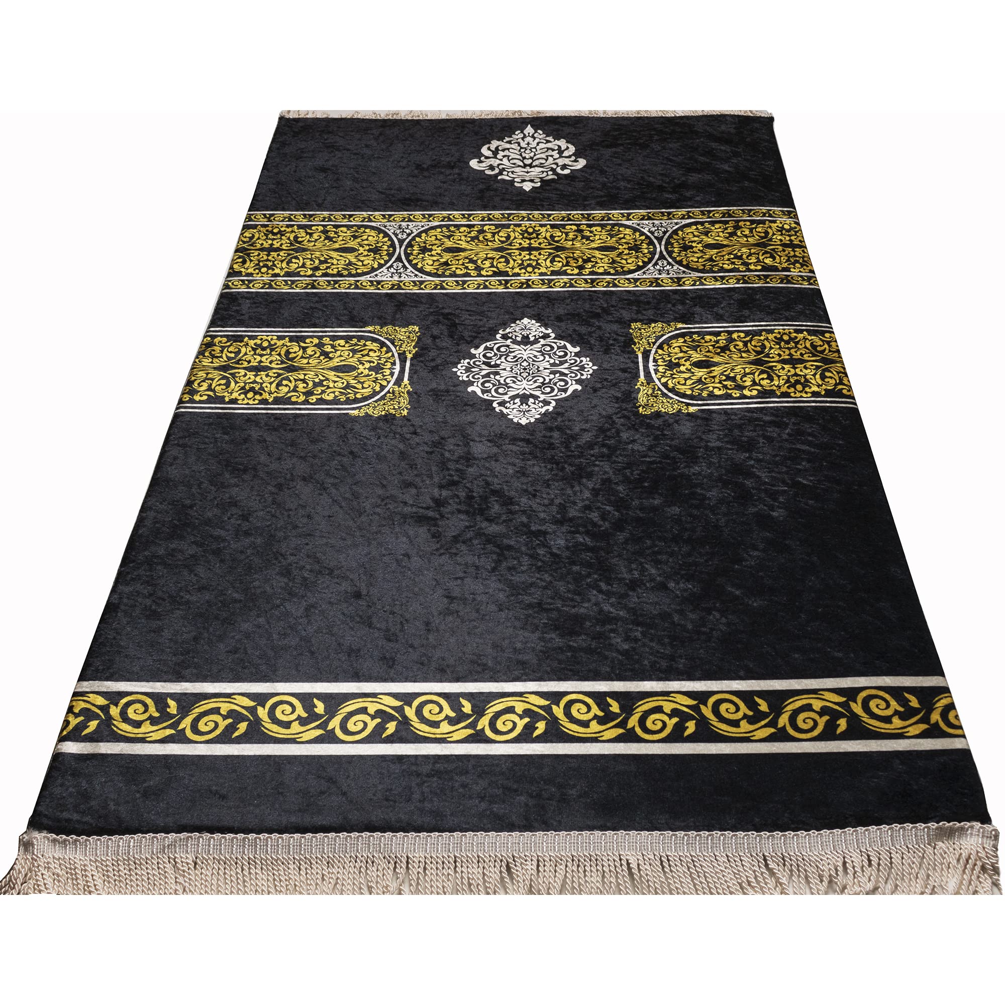 Premium Turkish Islamic Prayer Rug - Thick Padded Comfortable Muslim Prayer Mat for Men & Women | Large Luxury Foam Velvet with Meccan Digital Print in Black & Gold | Perfect for Home, Mosque & Travel Use
