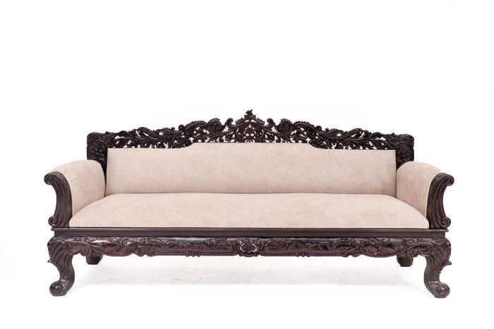 Hand Carved Solid Mango Wood Daybed Sofa - 3 Seater Indian Furniture in Dark Brown | Perfect for Living Room, Patio & Guest Bedroom