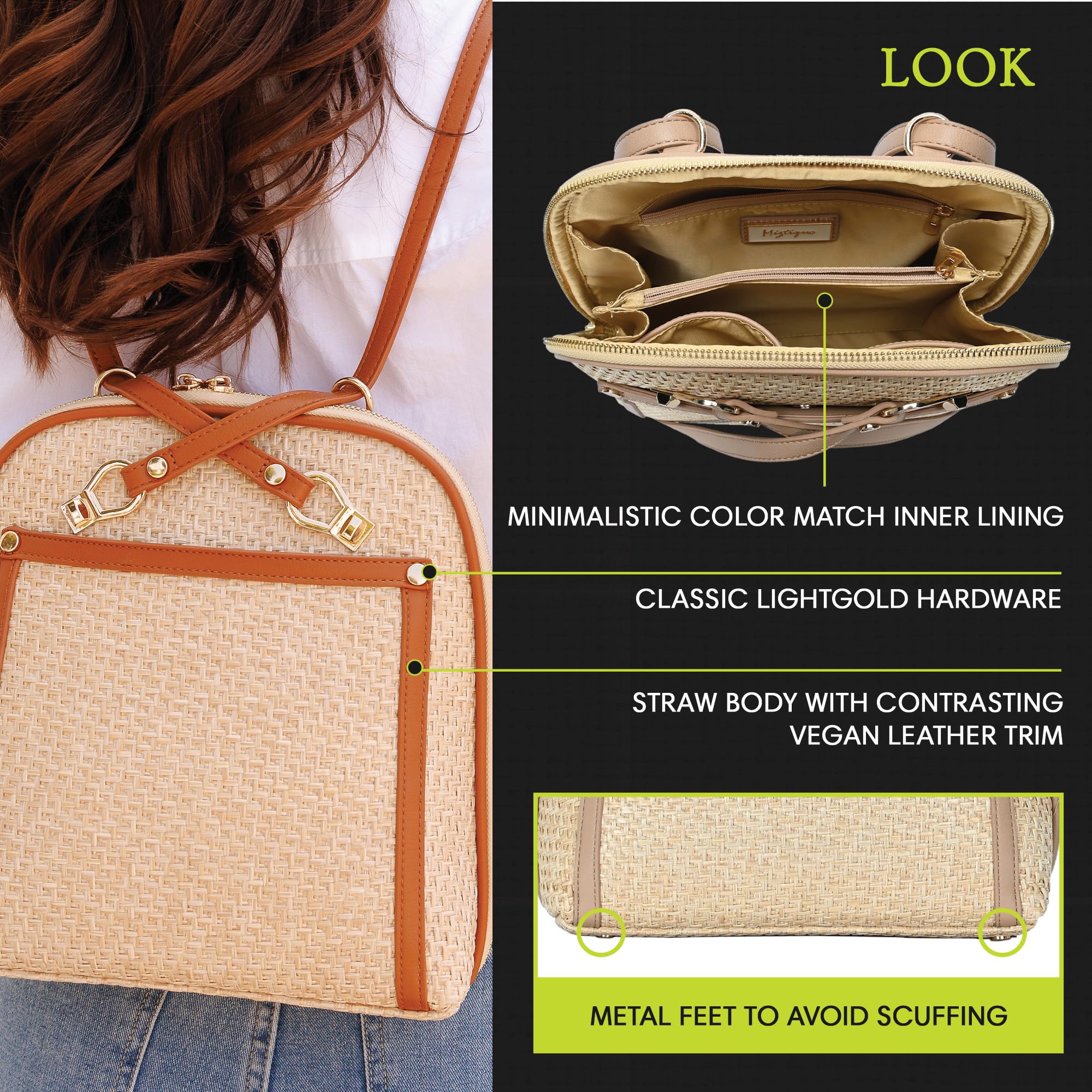 Miztique Women's Daisy Bamboo Straw Convertible Backpack Purse (Camel) - 2-in-1 Shoulder Bag & Backpack - Eco-Friendly Fashion Accessory - Perfect for Travel, Work, and Daily Use - 10.5