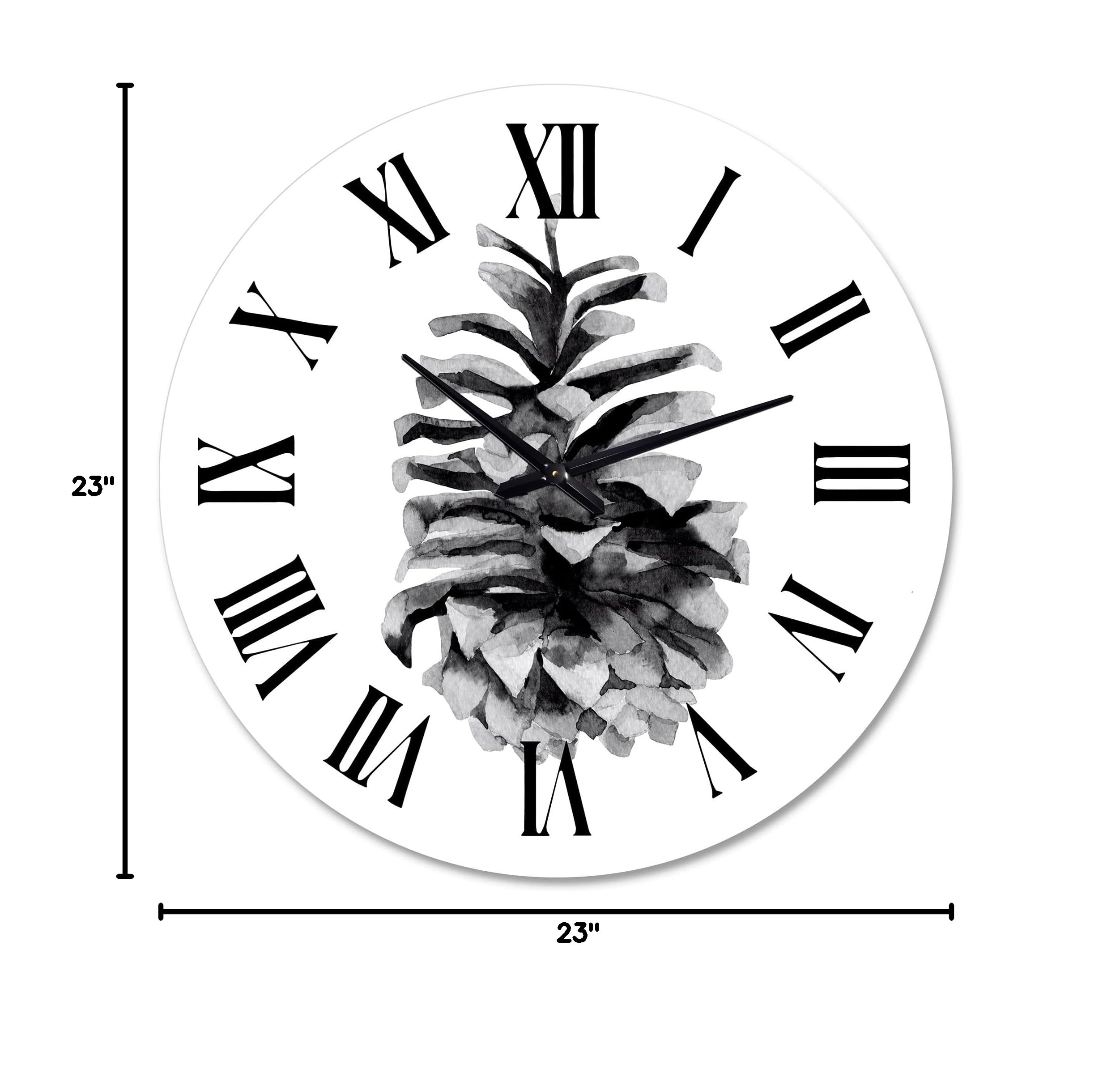 DesignQ Traditional Wall Clock 'Conifer Cone Monochrome' - Large Floral Botanical Wall Clock for Bedroom, Living Room & Office Decor - Perfect for Home, Office and Gift Giving