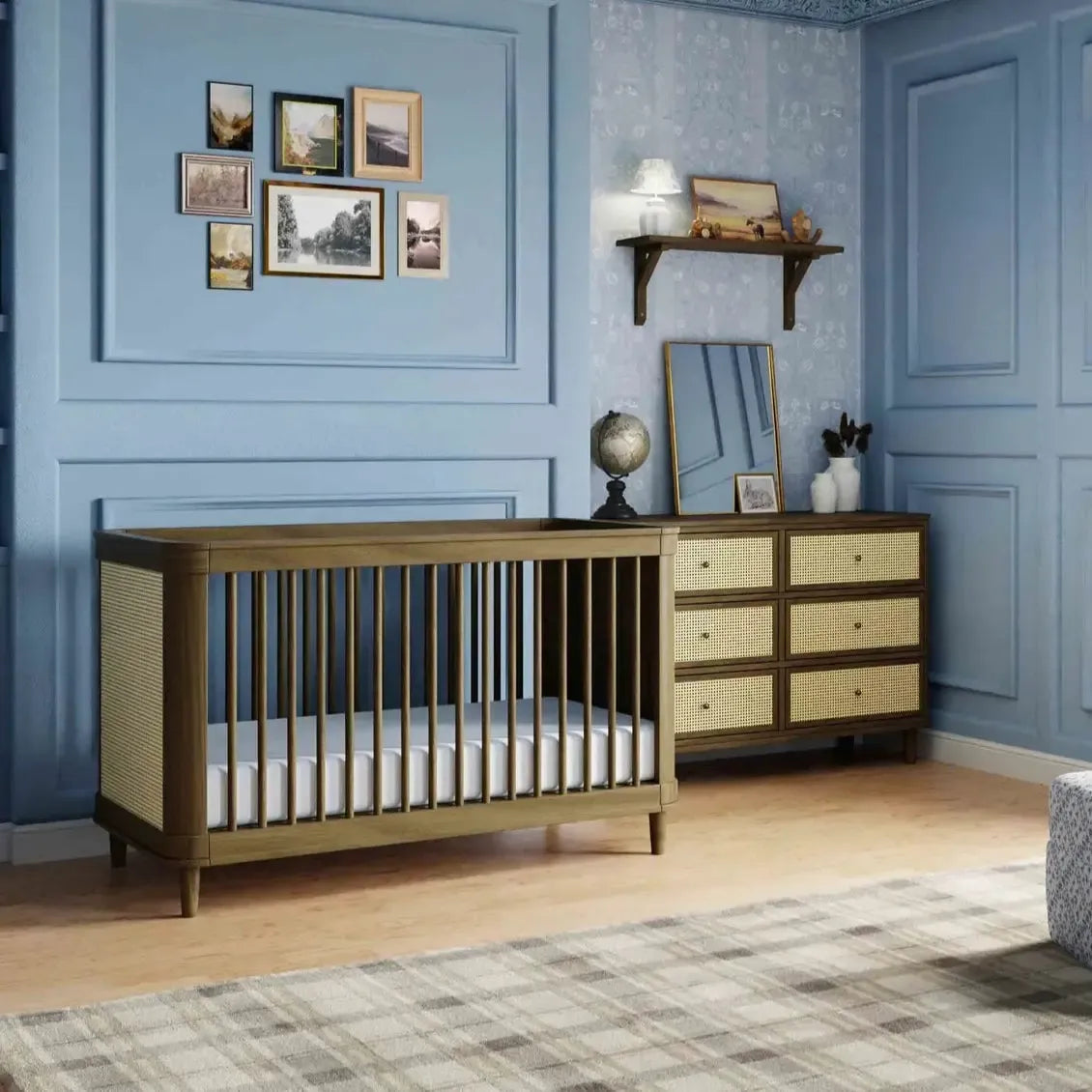 Namesake Marin Cane 3-in-1 Convertible Crib - Natural Walnut & Blonde Cane | Nursery Furniture for Baby Room, Toddler Bed & Daybed Conversion