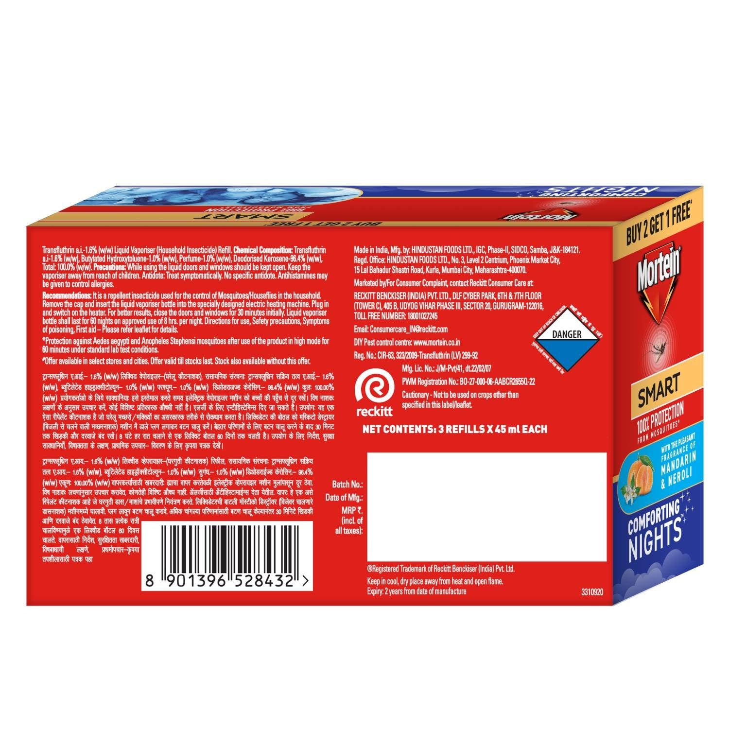 Mortein SmartPlus Mosquito Repellent Refill 45ml x 3 Pack - Insect Killer for All Machines | 100% Dengue Protection | Indoor & Outdoor Use for Home, Camping, Travel