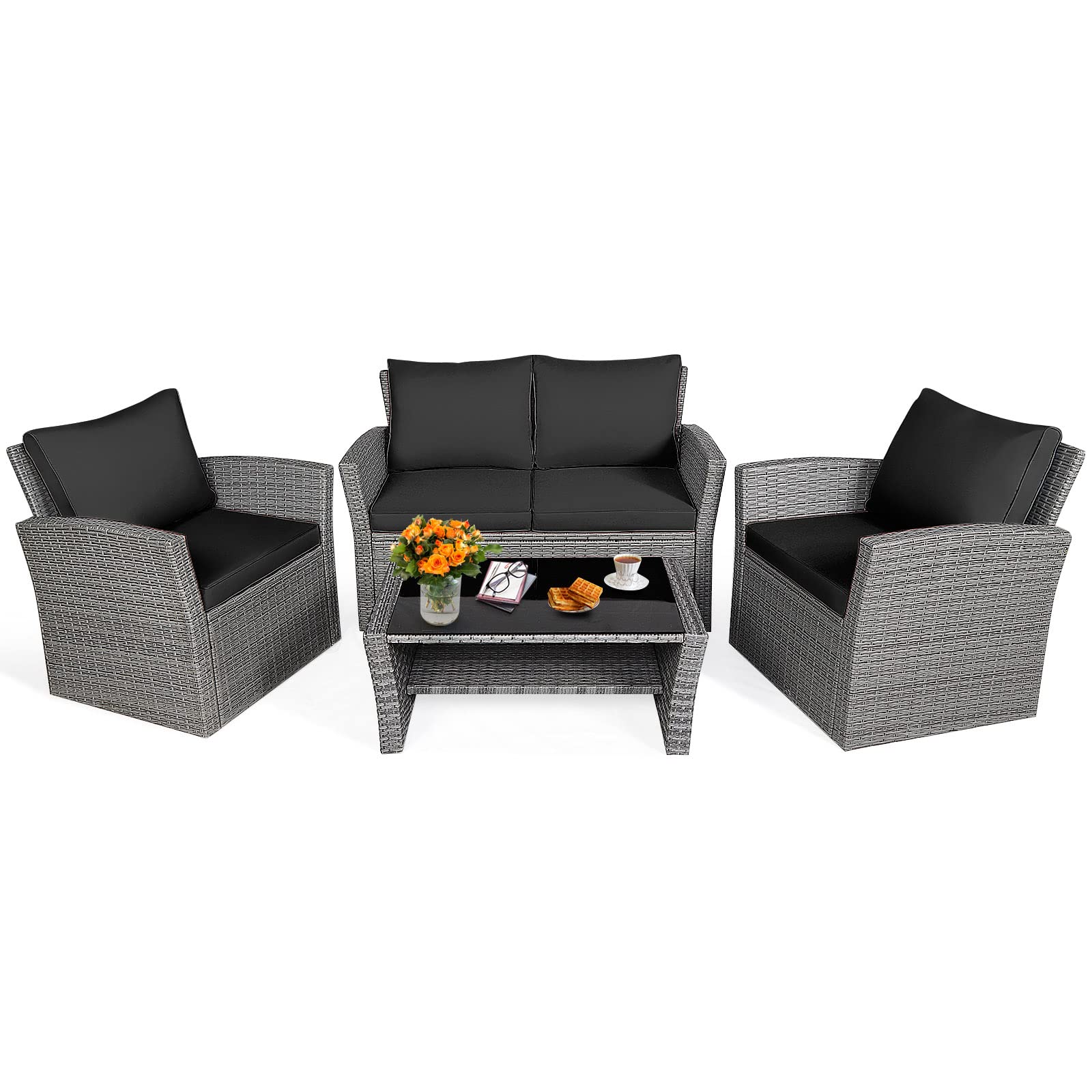 Tangkula 4-Piece All-Weather Outdoor Patio Furniture Set - Black Rattan Sectional Sofa with Cushions & Tempered Glass Table - Durable Wicker Conversation Set for Backyard, Garden, Poolside, Deck or Patio Relaxation