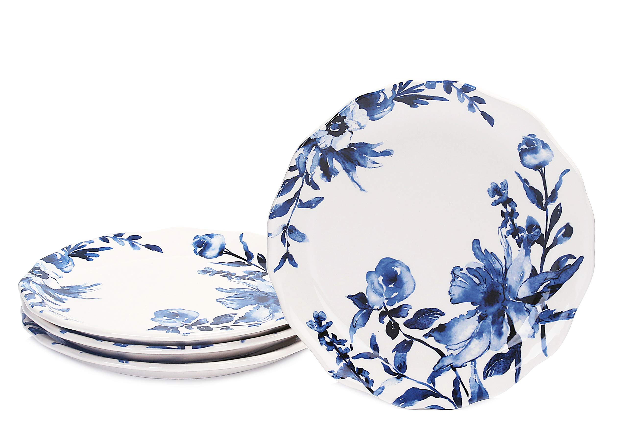 Bico Blue Floral Ceramic Salad Plates Set of 4 - 8.75 Inch Scalloped Edge, Microwave & Dishwasher Safe Dinnerware for Appetizers, Desserts, and Party Serving | Perfect for Home Dining, Wedding Decor, and Holiday Entertaining