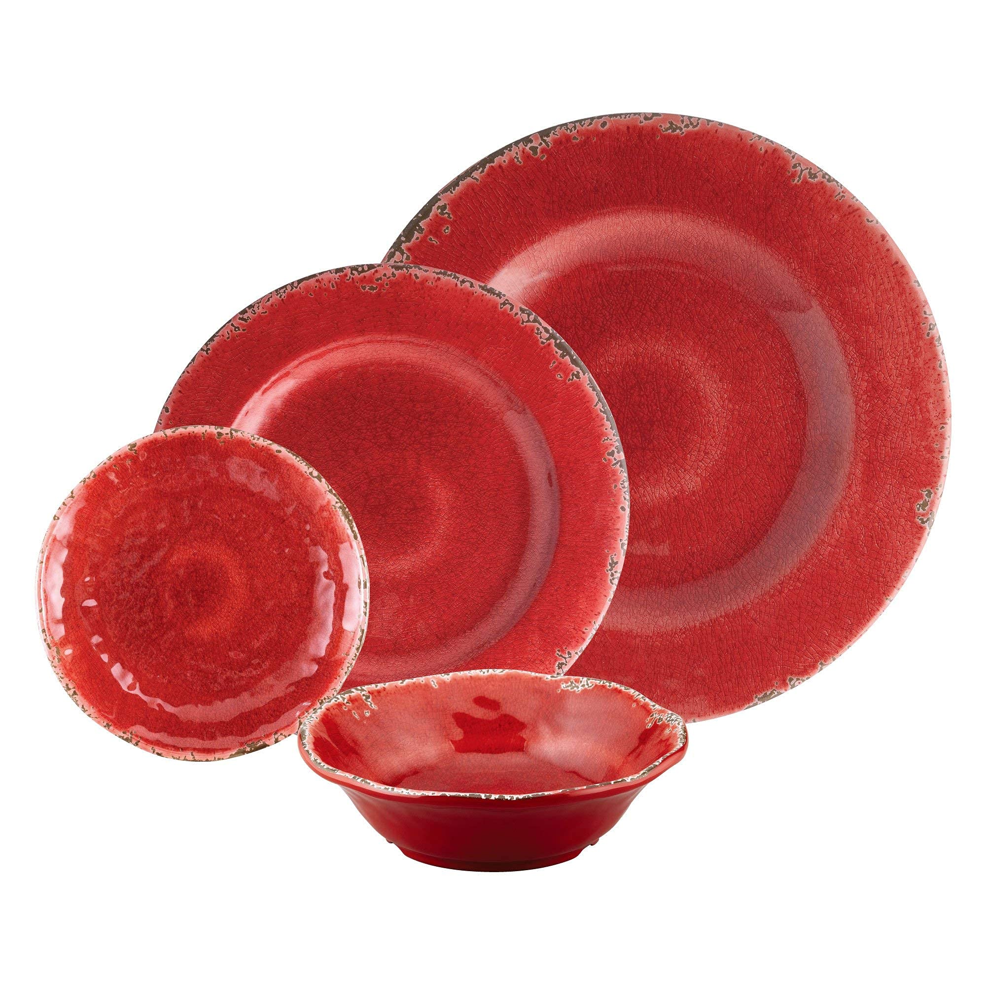 UPware 16-Piece Crackle Melamine Dinnerware Set - Durable Outdoor Dishes, Plates & Bowls for 4 - Shatterproof Red Tableware - Perfect for Picnics, Camping, and Patio Dining