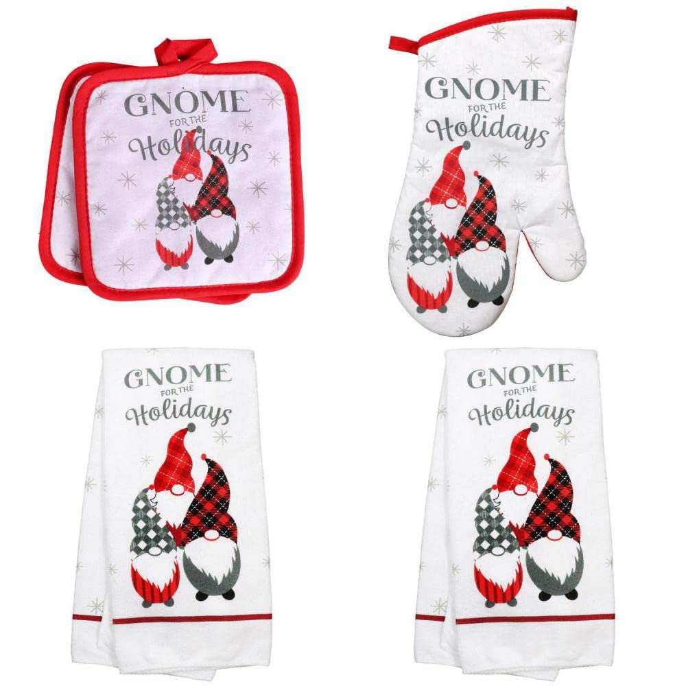 Festive Gnome Christmas Kitchen Linen Set - 2 Dish Towels, 2 Heat Resistant Potholders, 1 Oven Mitt (Optional Gadgets Available) - Perfect for Holiday Cooking, Baking & Kitchen Decor