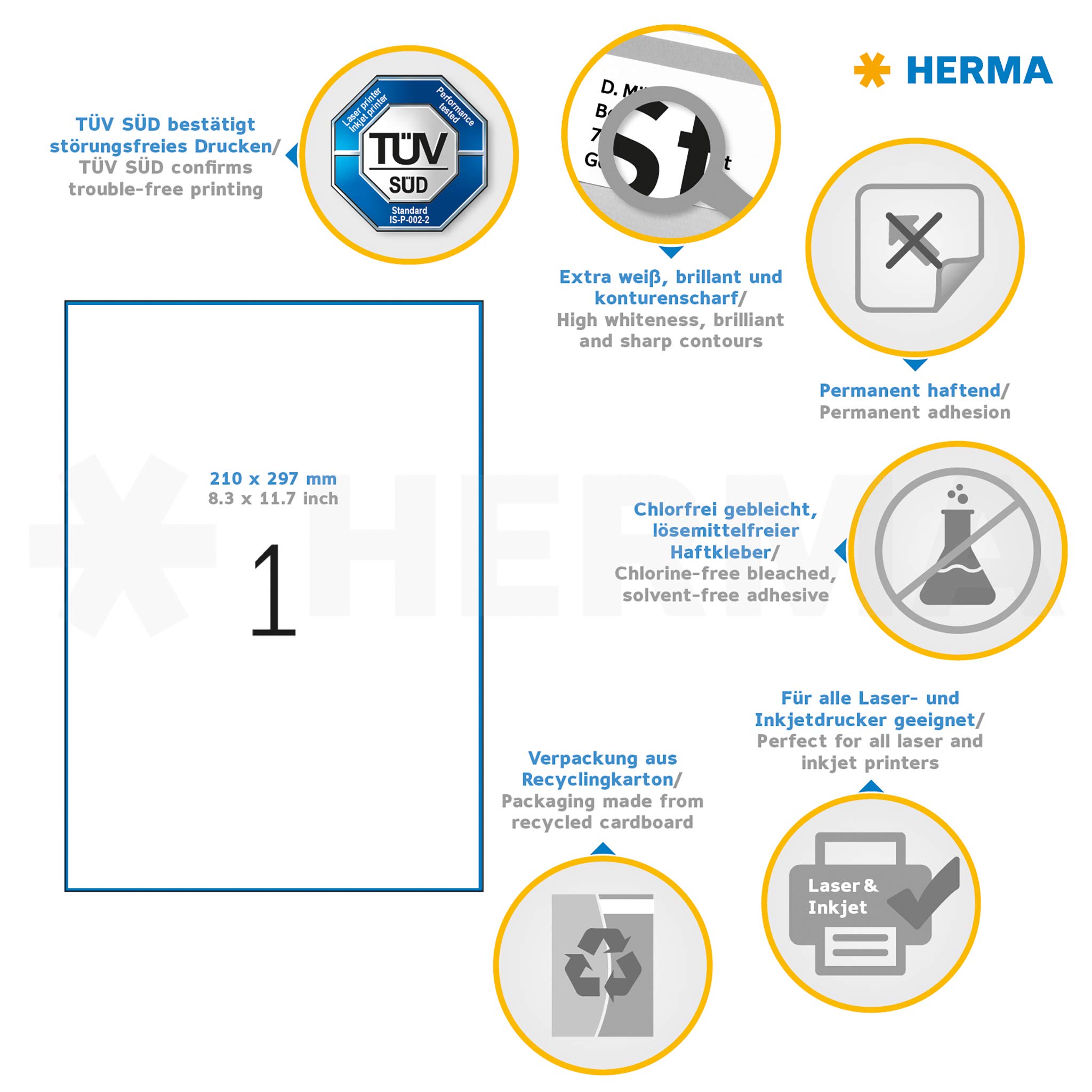 HERMA Self Adhesive Multipurpose Labels - 200 Sheets (1 Label per A4 Sheet), 210x297mm Blank White Stickers for Laser & Inkjet Printers - Perfect for Shipping, Mailing, Organizing & Product Labeling