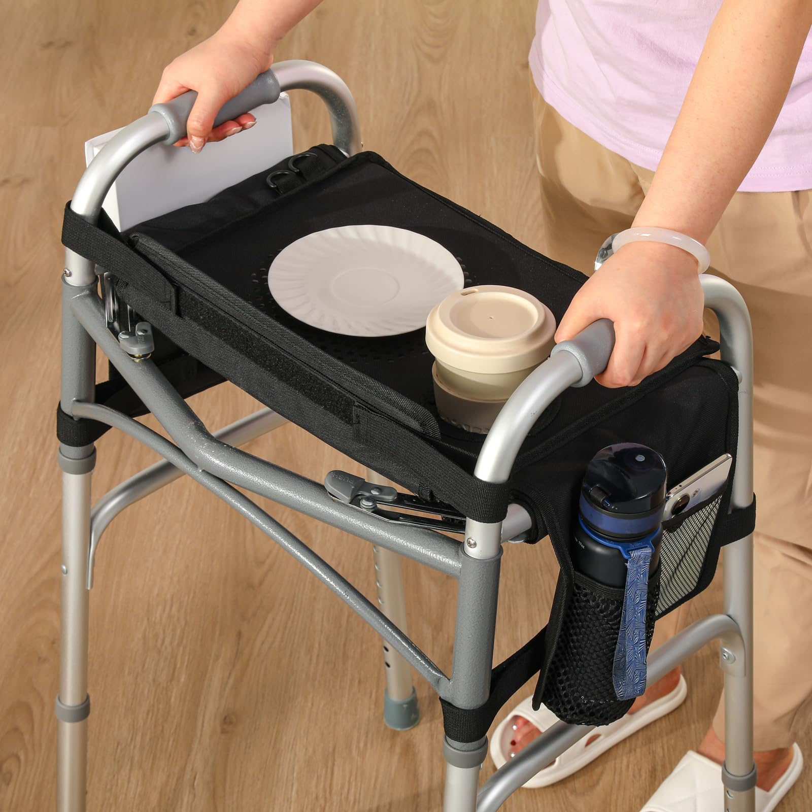 **Walker Tray with Cup Holder & Non-Slip Mat - Removable Mobility Tray for Seniors | Fits Most Standard Folding Walkers | Includes Storage Pockets | Perfect for Meals, Reading & Daily Activities**
