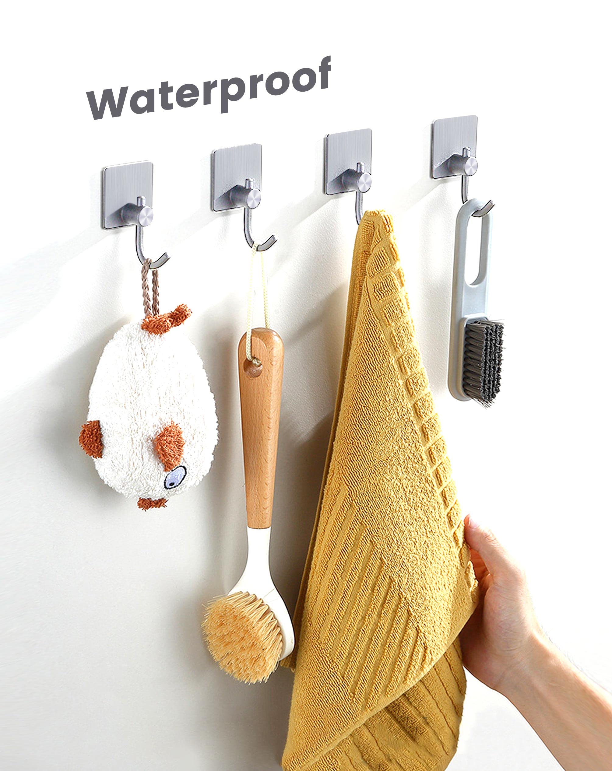 Heavy Duty Adhesive Towel Hooks - No Drill Wall Hooks for Bathroom, Kitchen & Bedroom - 4 Pack Silver Hanging Hooks for Robes, Towels & Clothes - Perfect for Small Spaces & Rentals
