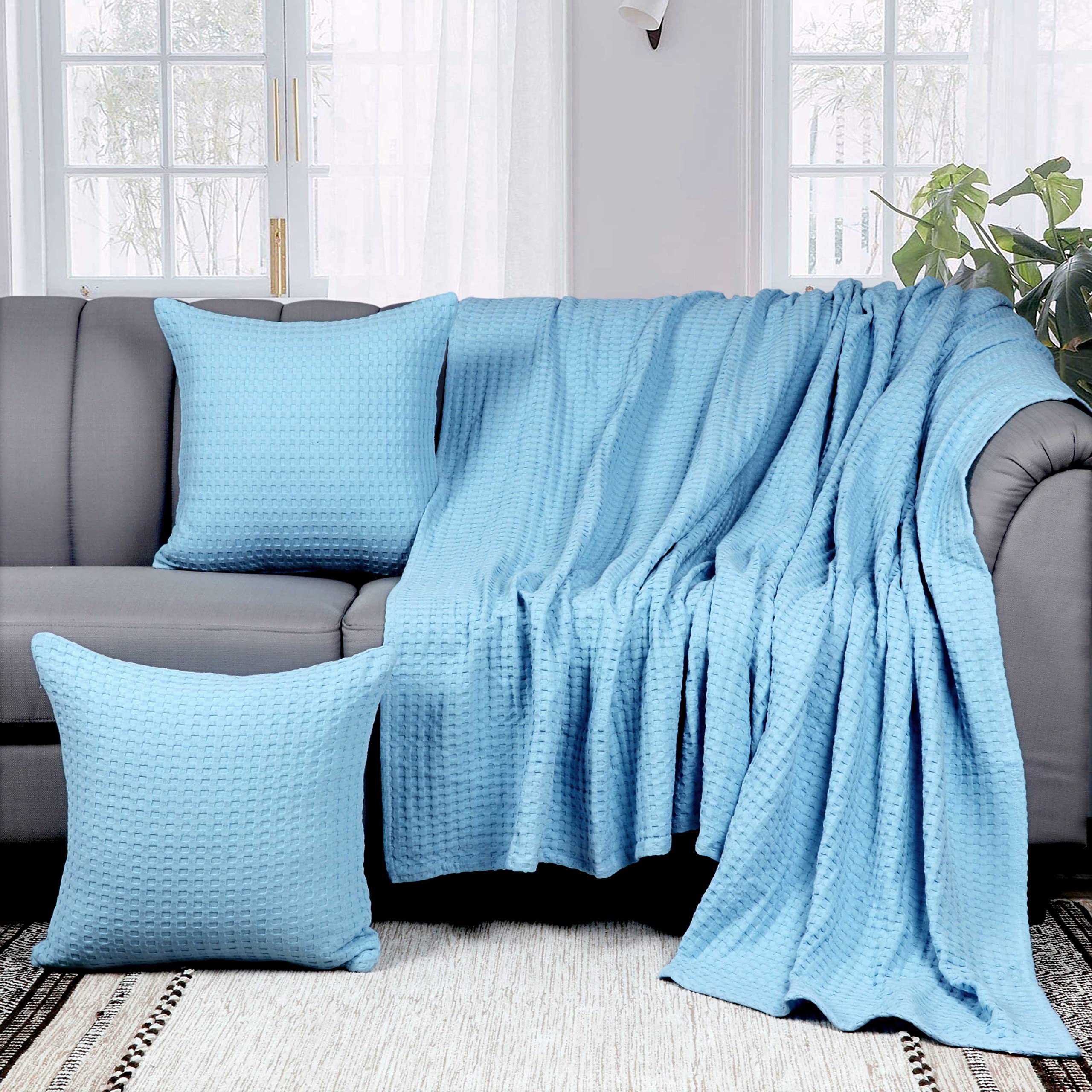 Tex Trend 100% Cotton Waffle Weave Queen Size Blanket - Lightweight, Breathable & Soft Bedding - Blue 90x90 Inches - Perfect for All-Season Comfort, Guest Rooms & Cozy Nights