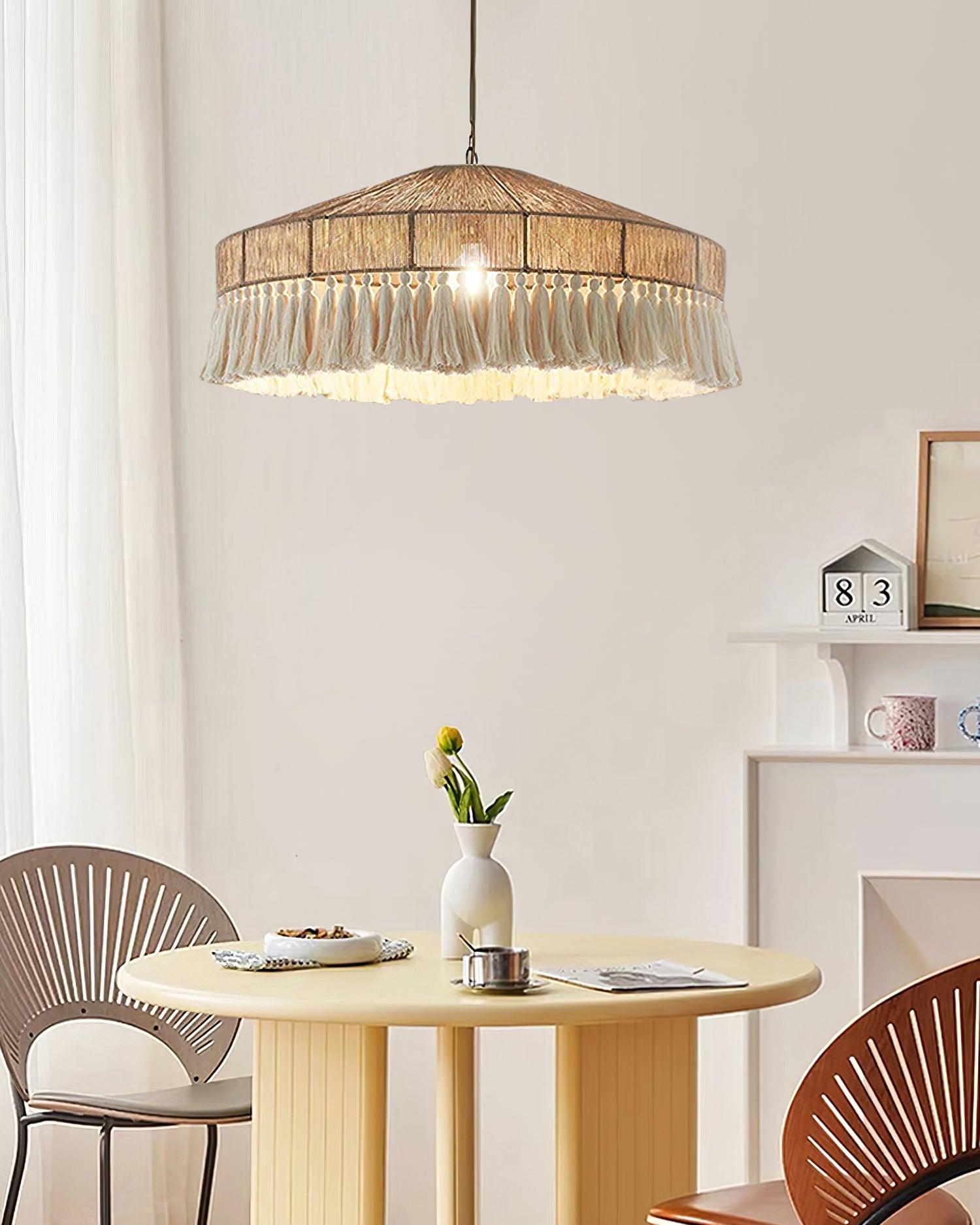 Bohemian Fringe Pendant Lamp - Handmade Rattan Chandelier for Living Room, Bedroom & Dining Room - Boho Ceiling Light Fixture for Home Decor & Cozy Ambiance