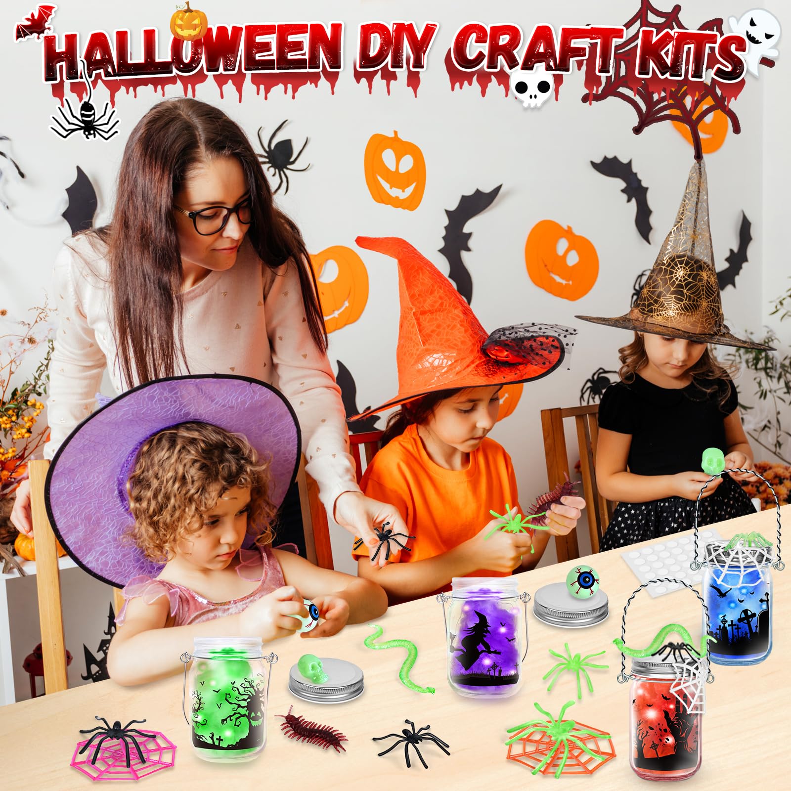 SpringFlower Halloween Craft Kit - 4 Pack Mason Jar Lanterns DIY Supplies for Kids & Adults | Creative Art Activities, Party Decorations & Spooky Home Decor