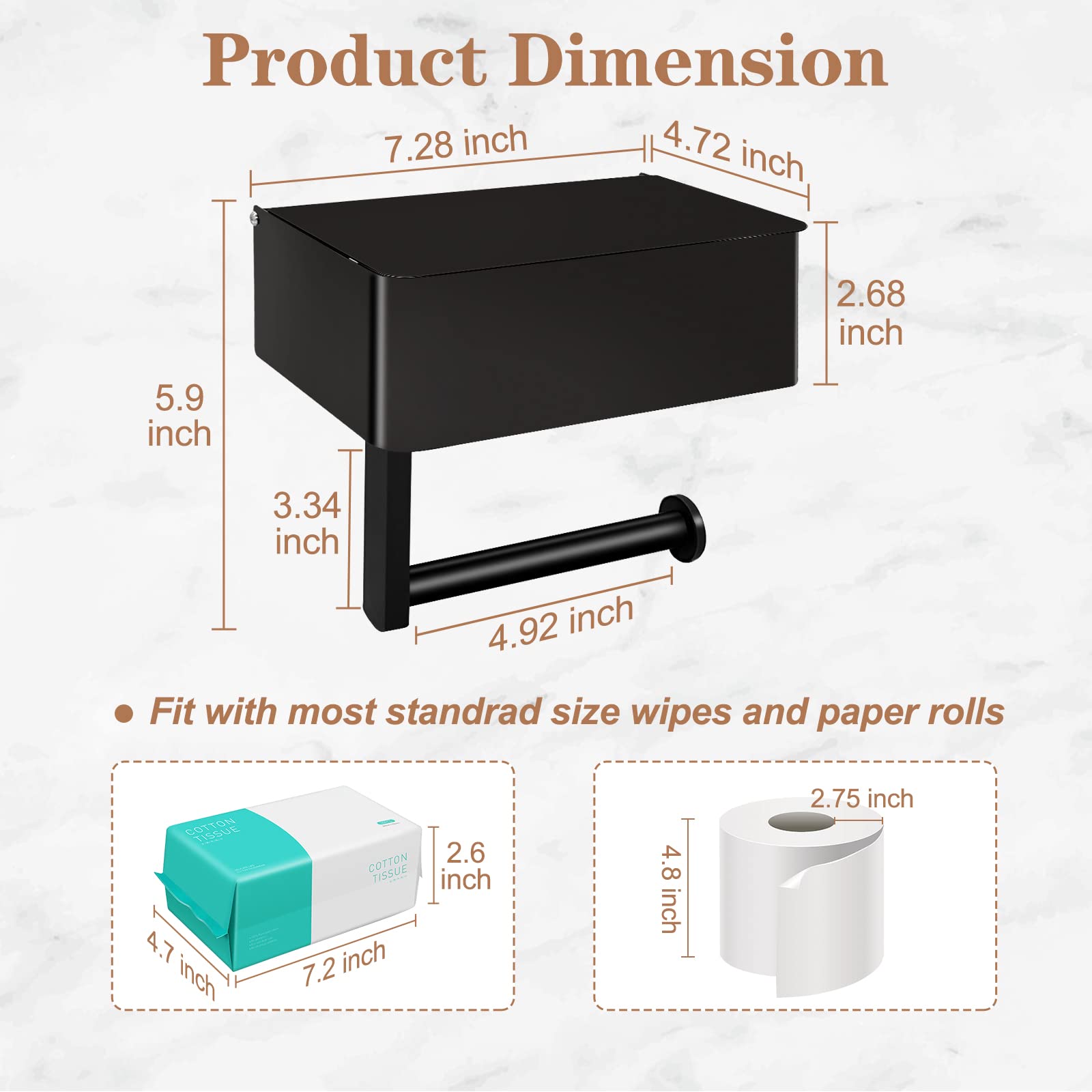 Stainless Steel Toilet Paper Holder with Shelf & Wipes Dispenser - Wall Mount No Drill Bathroom Storage Organizer for Toilet Paper Rolls - Matte Black - Perfect for Modern Bathrooms & Powder Rooms