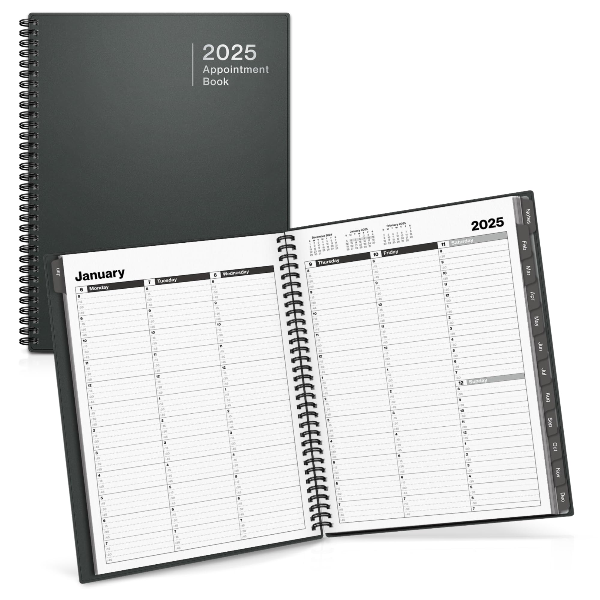 Dunwell 2025 Large Appointment Book - 8.5x11 Gray Weekly Planner with Monthly Tabs | 15-Minute Time Slots for Daily & Hourly Scheduling | Perfect for Office, School & Personal Organization (Jan-Dec 2025)