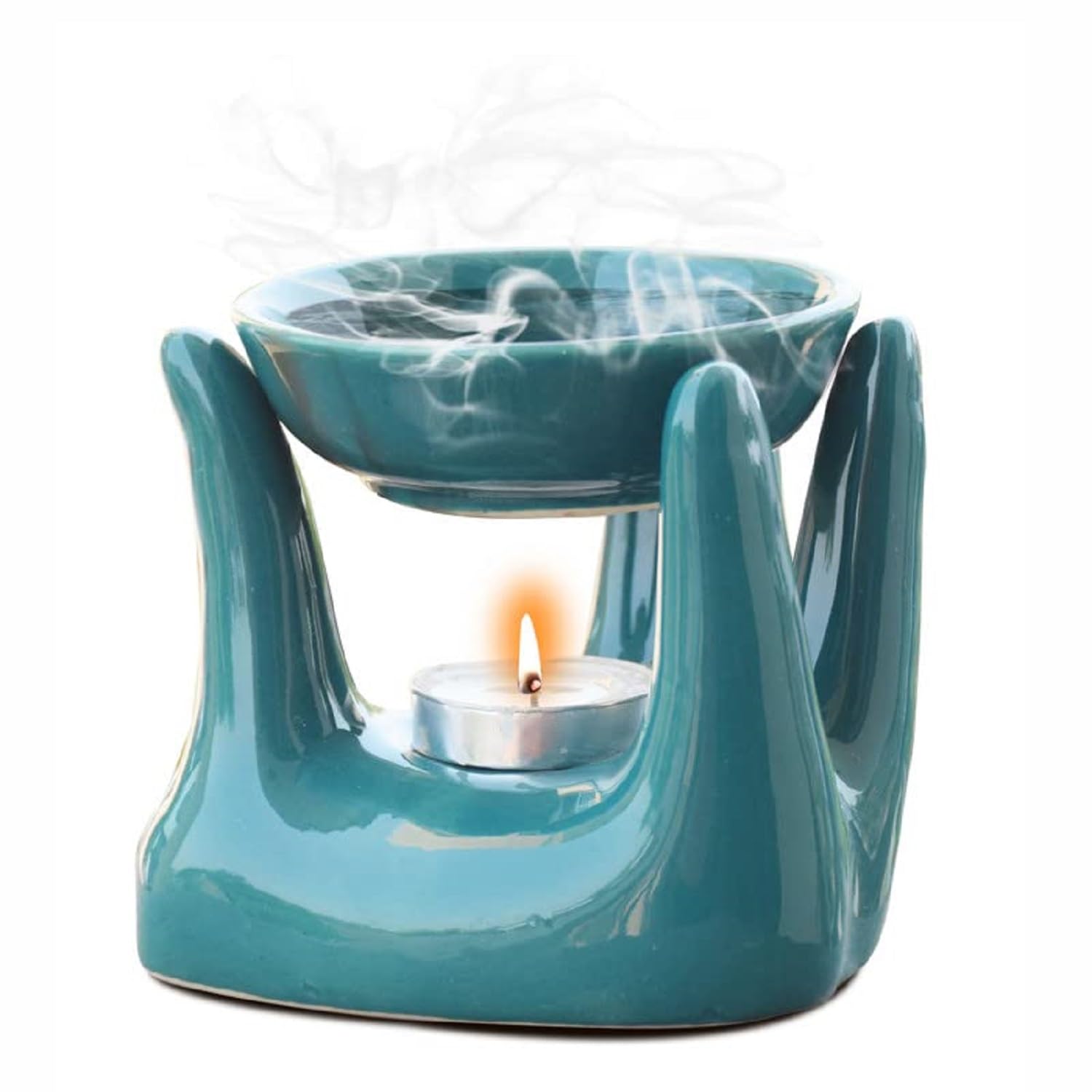 Pure Source India Ceramic Hand-Shaped Oil Burner Diffuser for Aromatherapy - Home & Office Use with 1 Tea Light Candle - Porcelain Essential Oil Warmer in Green for Relaxation, Yoga & Meditation