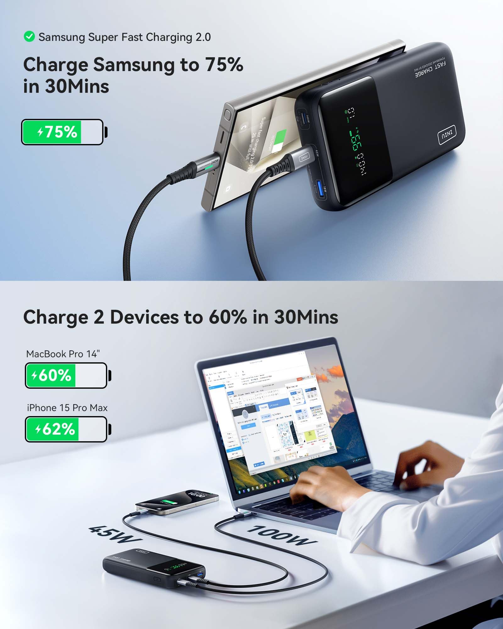 INIU 140W Power Bank 25000mAh - High-Speed Portable Charger with USB-C PD for iPhone 16/15, Samsung Galaxy, iPad, MacBook - Compact Laptop Power Bank with Smart Digital Display - Perfect for Travel, Camping & Emergency Charging