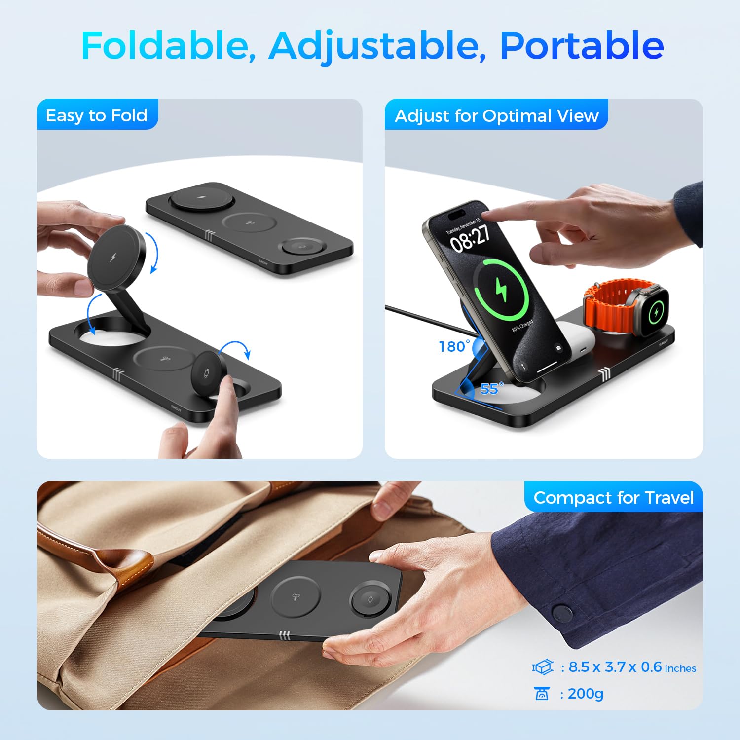 3-in-1 Wireless Charging Station for iPhone 16/15/14/13/12 Pro Max Plus, Apple Watch S10/Ultra/S2 & AirPods 4/Pro/3/2 - 15W Fast Magnetic Charger with Foldable Design | Perfect for Home, Office & Travel Use
