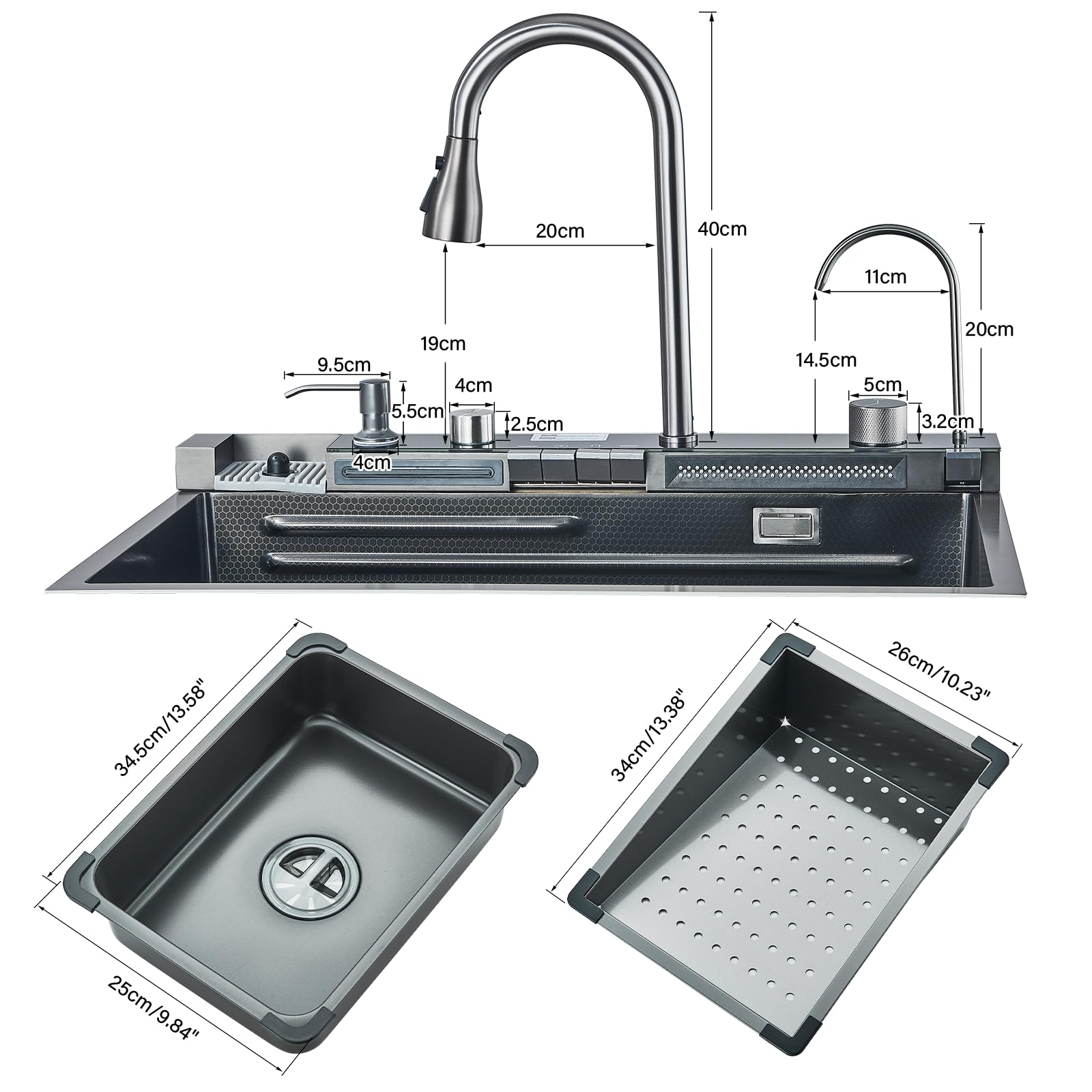 Stainless Steel Single Bowl Drop-in Kitchen Sink with LED Temperature Display, Pull-Out Faucet, Cup Washer, Soap Dispenser & Water Filter Tap - 29.52