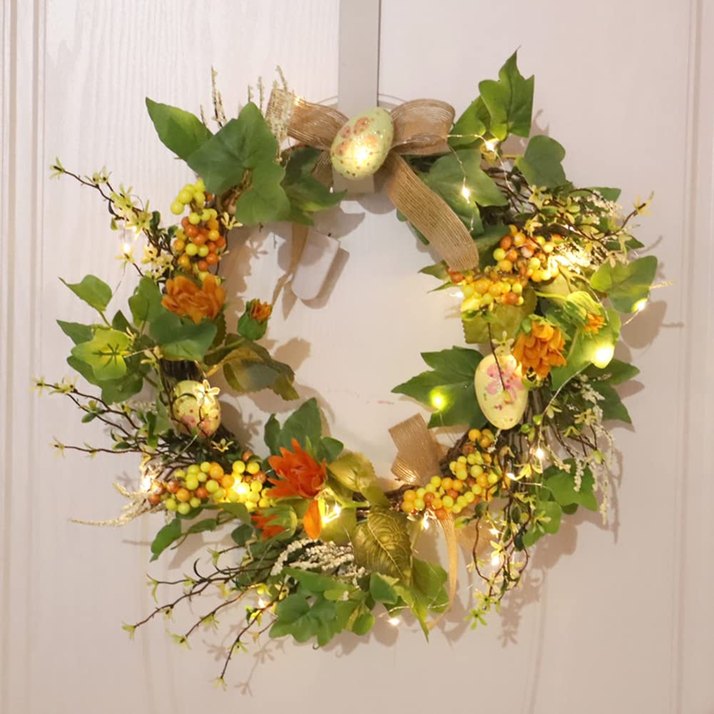 Patgoal Artificial Easter Wreath with Colorful Eggs & Twigs - LED Light Up Spring Floral Wreath for Front Door, Indoor & Outdoor Easter Decorations - Perfect for Home, Church, and Party Celebrations