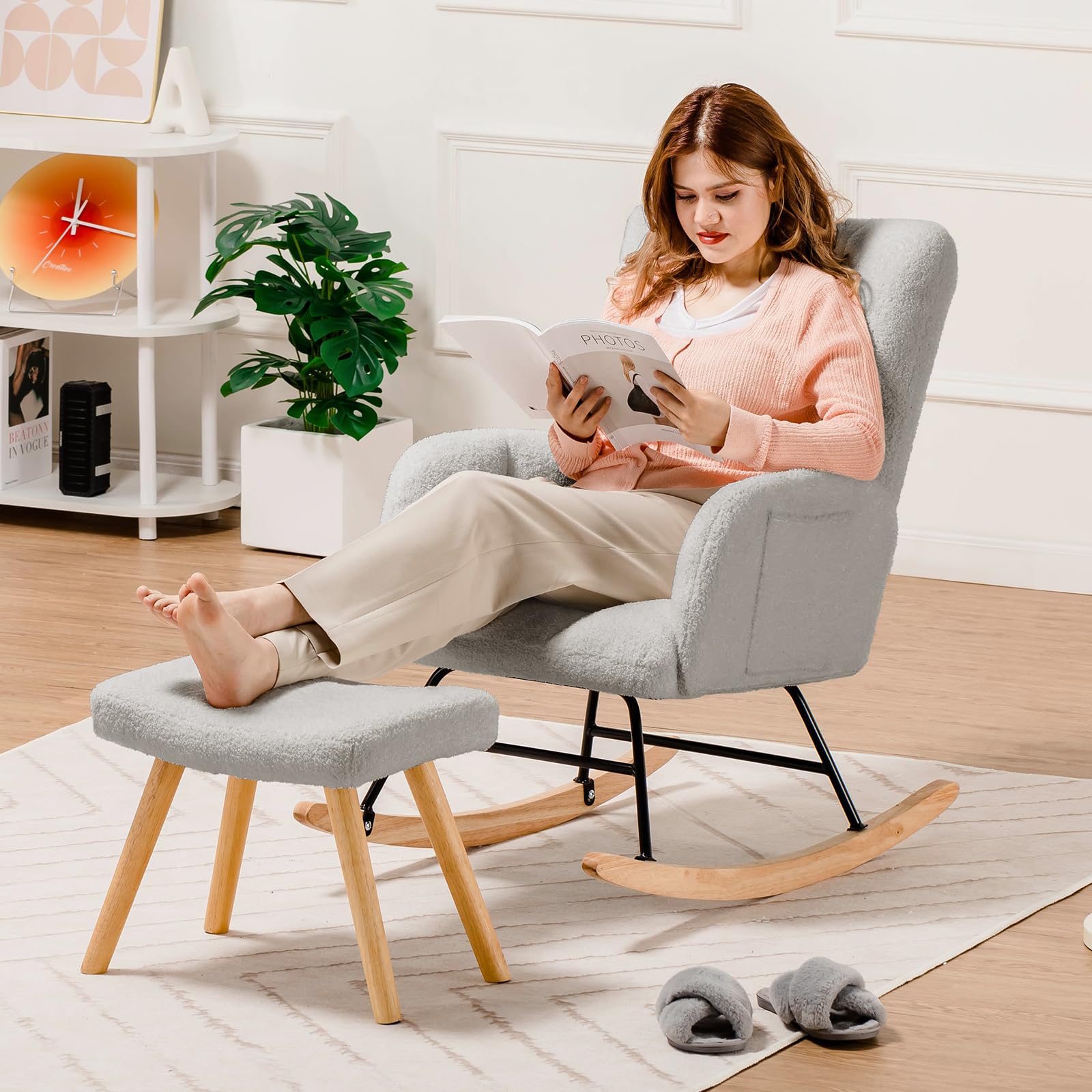 COMHOMA Nursery Rocking Chair with Ottoman - Teddy Glider Rocker Accent Chair with High Backrest for Adults - Comfortable Reading Chair for Bedroom, Living Room & Office - Perfect for Nursing, Relaxing & Reading (Gray)