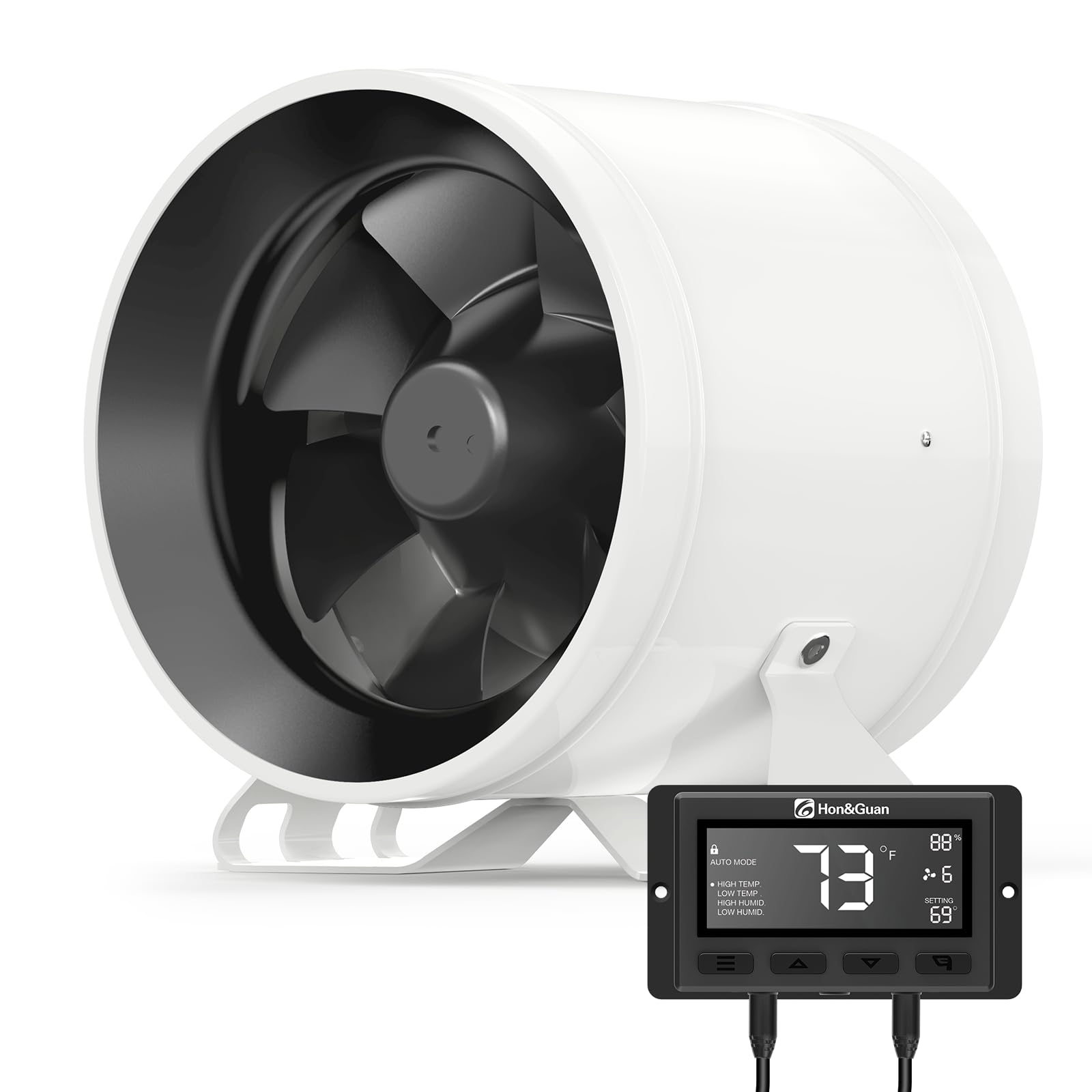 Hon&Guan PRO 6 Inch Inline Duct Fan - 405 CFM High Power Ventilation Fan with Quiet EC Motor & Smart Temperature Humidity Controller - White & Black - Ideal for Grow Tents, Hydroponics, HVAC Systems, Home Ventilation, and Commercial Exhaust Applications