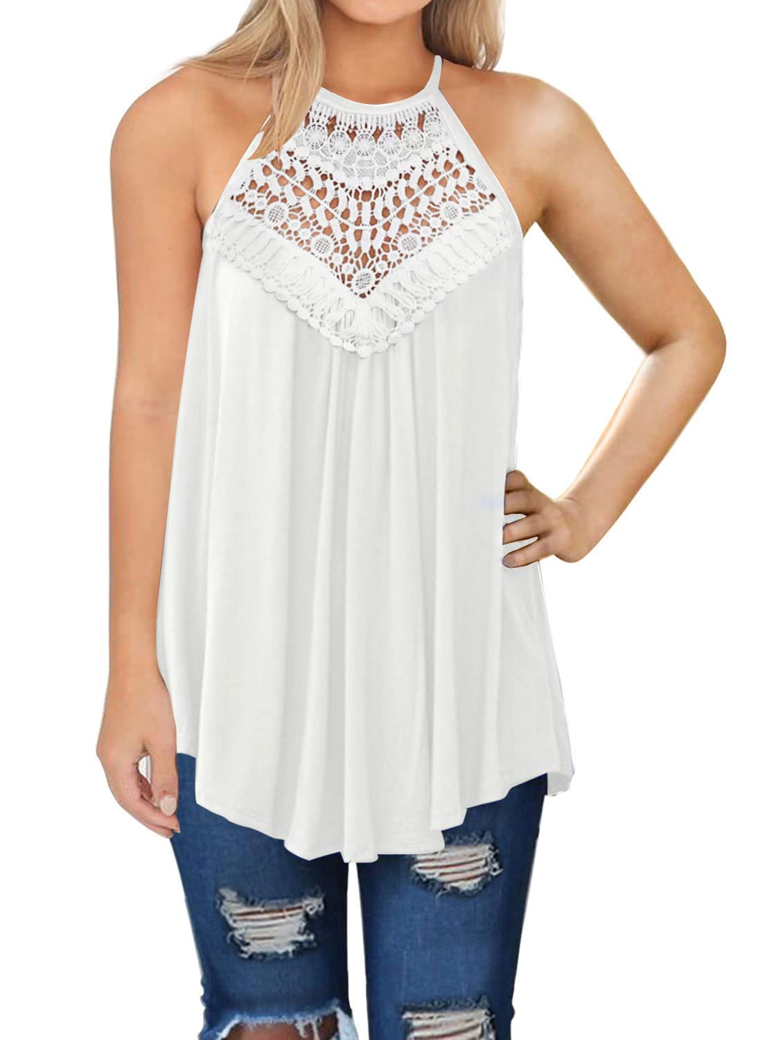 MIHOLL Women's Summer Casual Sleeveless Lace Flowy Loose Shirt Tank Top - Perfect for Beach Outings, Vacation Wear & Everyday Comfort