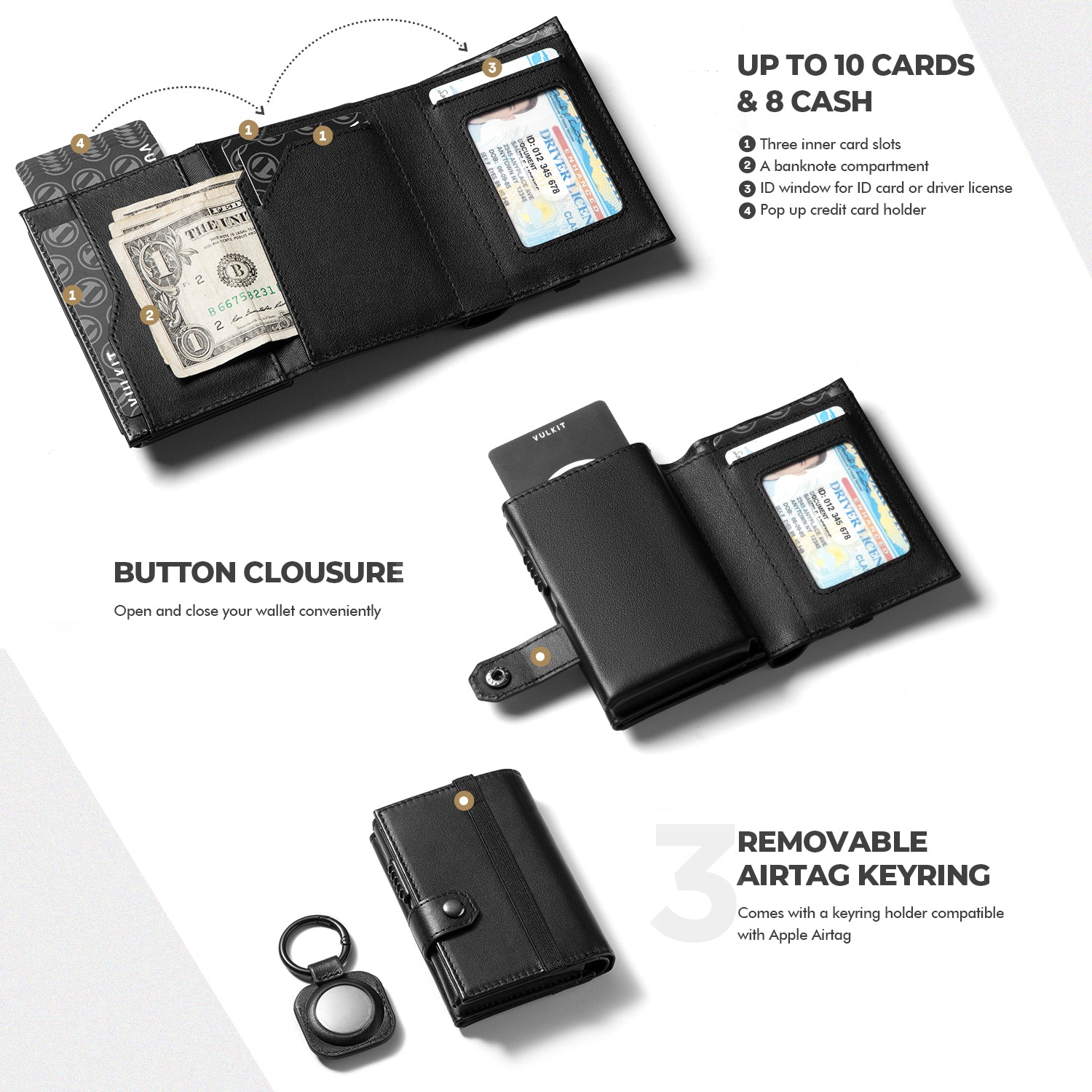 VC311P Genuine Leather RFID Blocking Wallet with ID Window & Money Pocket - Removable AirTag Holder for iPhone (AirTag Not Included) - Perfect for Travel, Business & Everyday Use