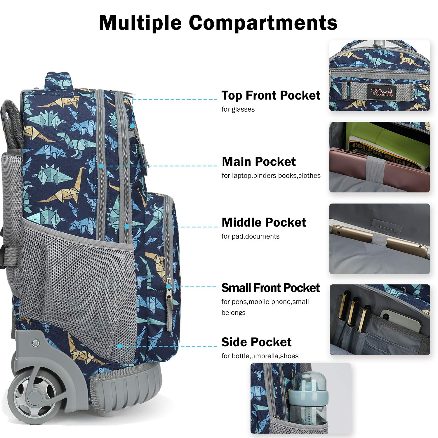 Tilami 19 Inch Rolling Backpack with Lunch Bag - Wheeled Laptop Backpack for School, Travel & Work - Dinosaur Print Design for Kids & Teens - Perfect for Commuting, Air Travel & Daily Use