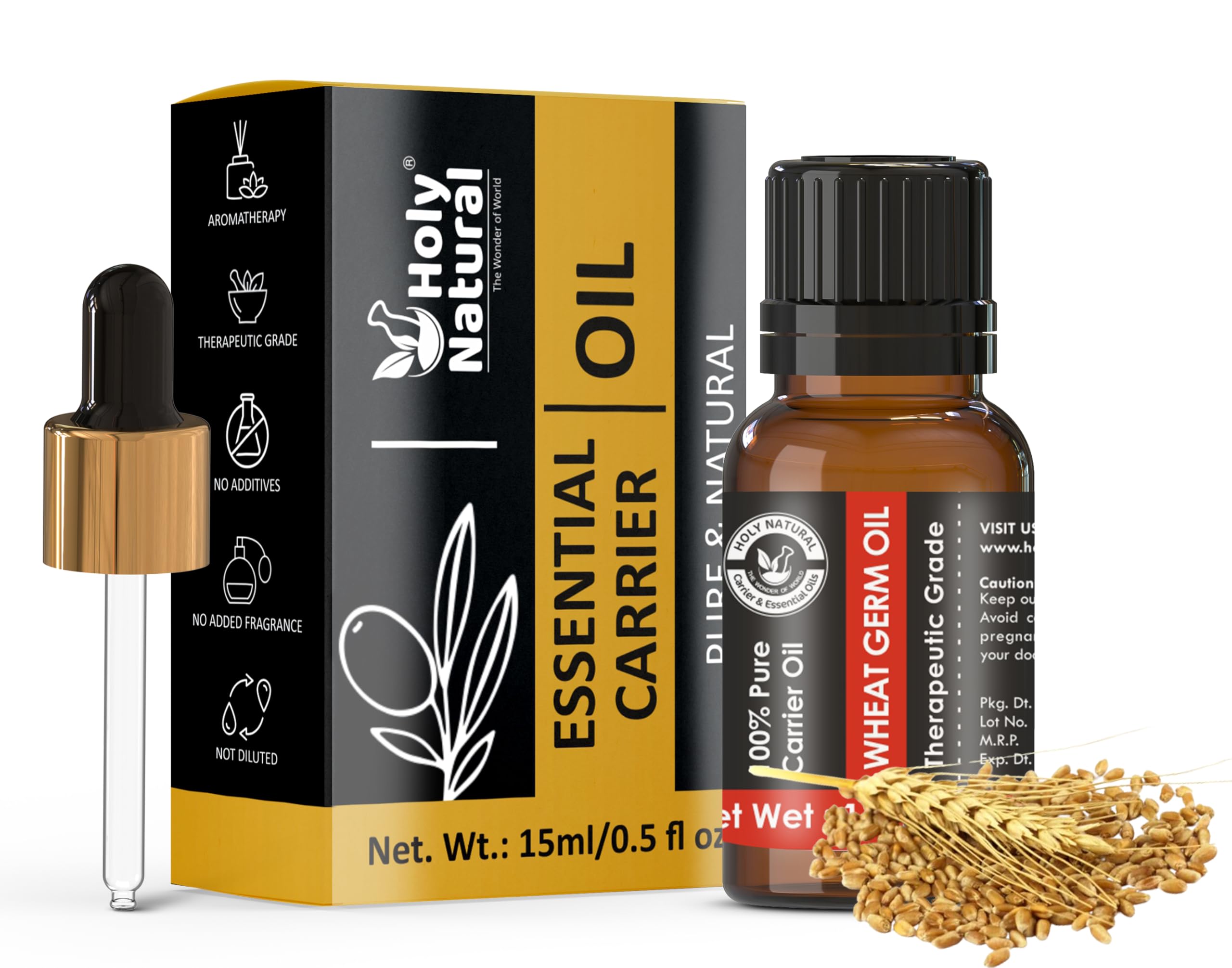 **Holy Natural 100% Pure Wheat Germ Carrier Oil 15ml with Dropper - Undiluted Therapeutic Grade for Skin Care, Hair Growth, Anti-Aging, Face & Body Moisturizer - Perfect for Massage, Aromatherapy & DIY Beauty Recipes**