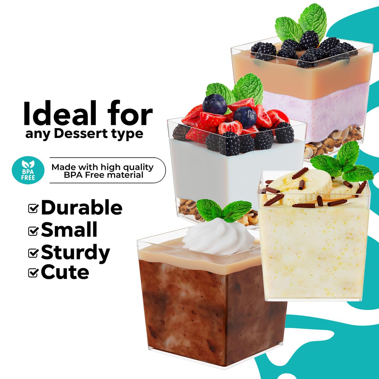 200 Pcs 3.6 Oz Disposable Square Plastic Dessert Cups with Mini Spoons - Elegant Mini Parfait & Appetizer Cups for Parties, Weddings, Catering, and Dessert Tastings | Perfect for Ice Cream, Pudding, Fruit Salads, and Cocktail Garnishes