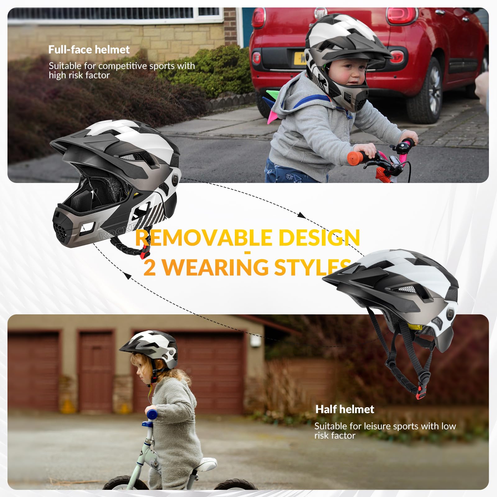 ROCKBROS Adjustable Kids Bike Helmet - Detachable Full Face Protection for Children's Bicycle, Skateboard & Scooter - Lightweight Safety Gear for Outdoor Sports & Cycling Adventures