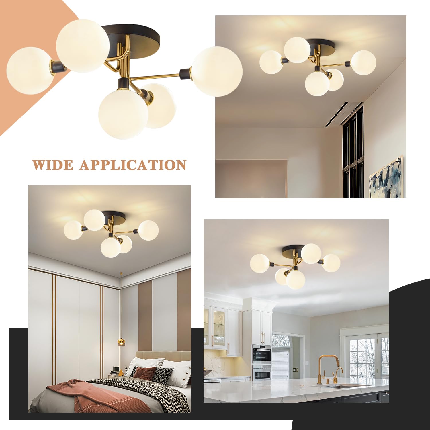 Vintage Mid Century Modern 5-Light Sputnik Ceiling Fixture - Black & Brass Semi-Flush Mount with Milk Glass Globes - Perfect for Bathroom, Dining Room, Hallway & Close-to-Ceiling Lighting