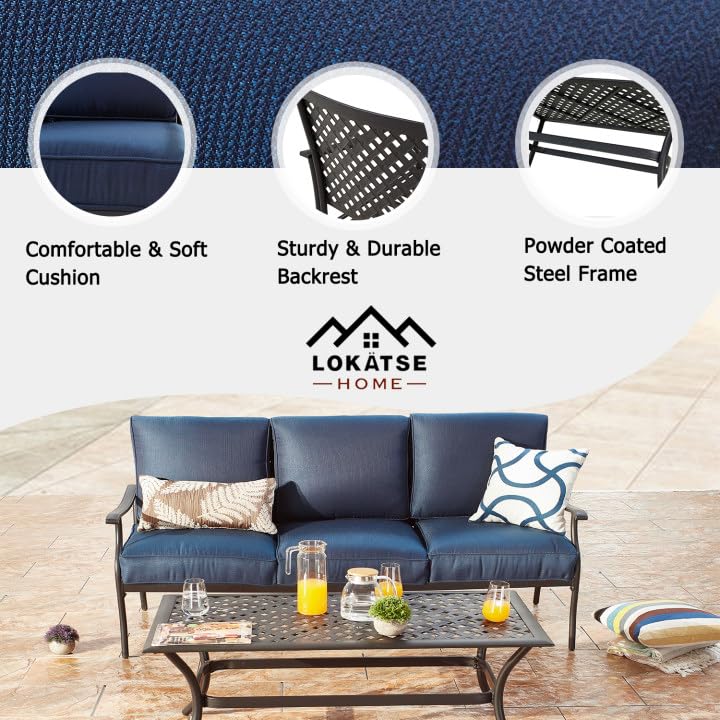 LOKATSE HOME 3-Seat Metal Outdoor Loveseat Bench with Coffee Table - Patio Bistro Set for Garden, Yard, Porch or Poolside - Durable Weather-Resistant Blue Steel Furniture (Perfect for Relaxing, Entertaining Guests & Outdoor Dining)