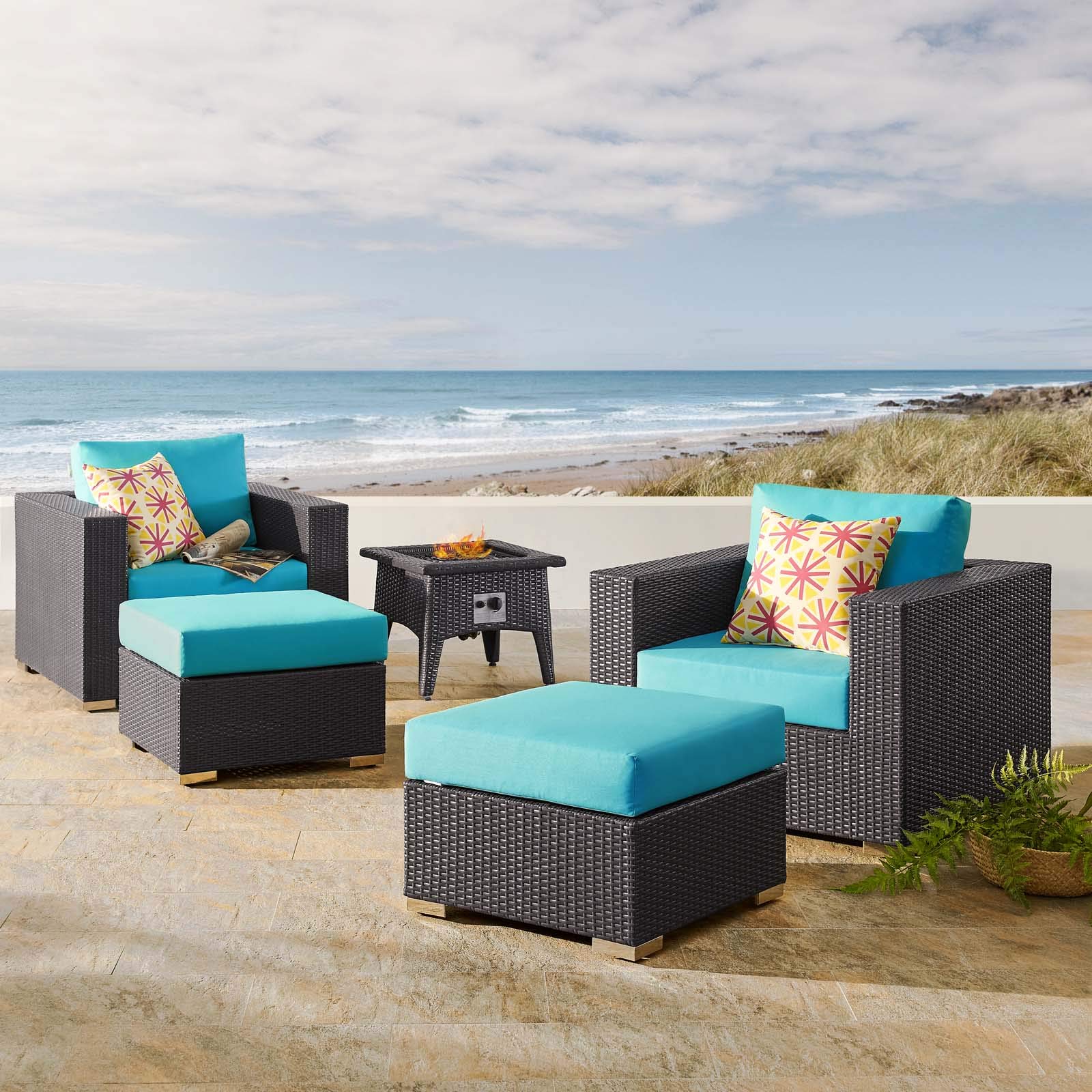 Modern Outdoor Patio Lounge Sofa Set with Wicker Chairs & Coffee Table - Waterproof Rattan Furniture with Fire Pit - Blue Outdoor Seating for Garden, Backyard, Poolside & Patio Relaxation