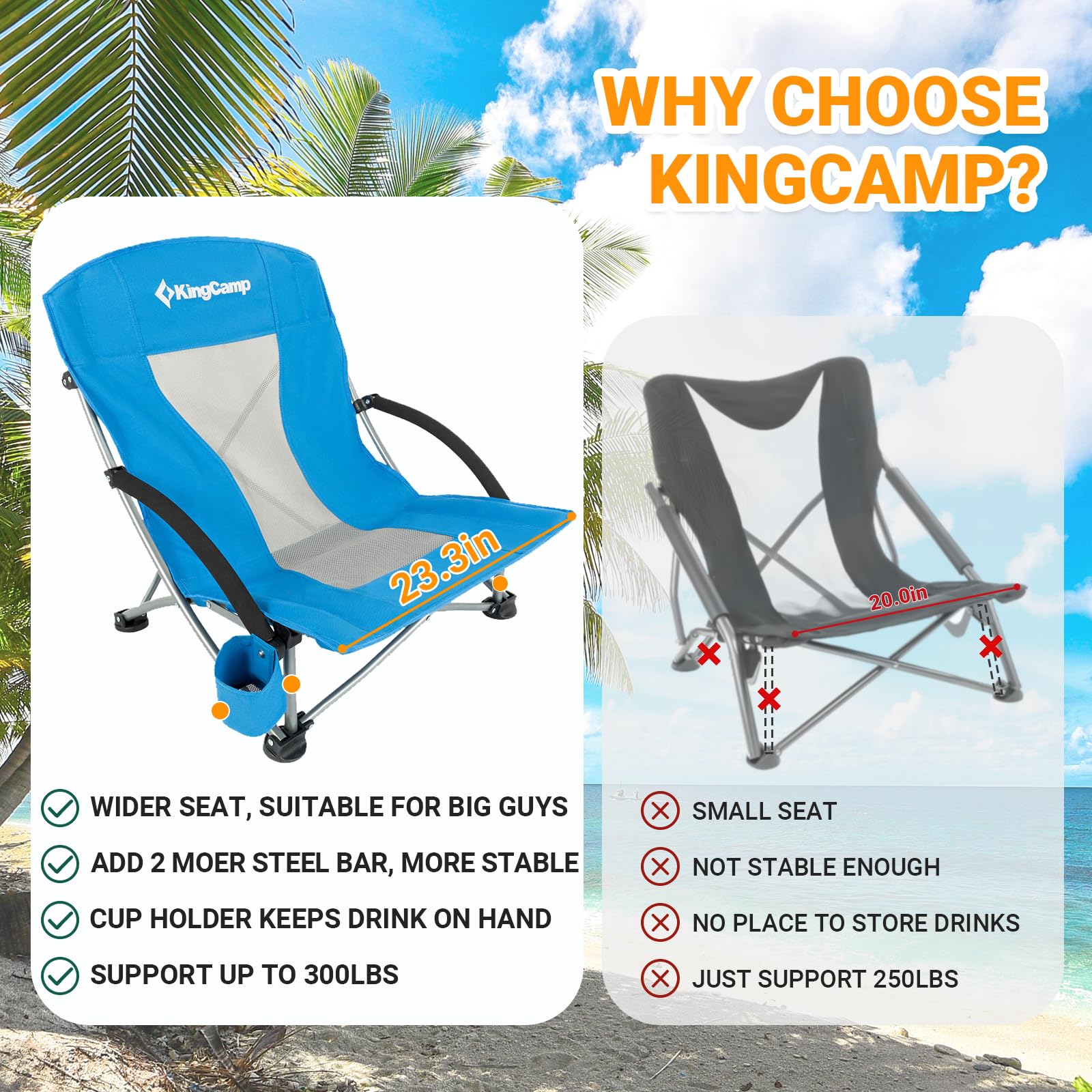 KingCamp Low Beach Chair - Portable Folding Lightweight Backpack Chair for Adults with Cup Holder & Storage Pocket - Perfect for Camping, Concerts, Festivals, Beach, Travel, Sports & Backyard Relaxation (Blue)