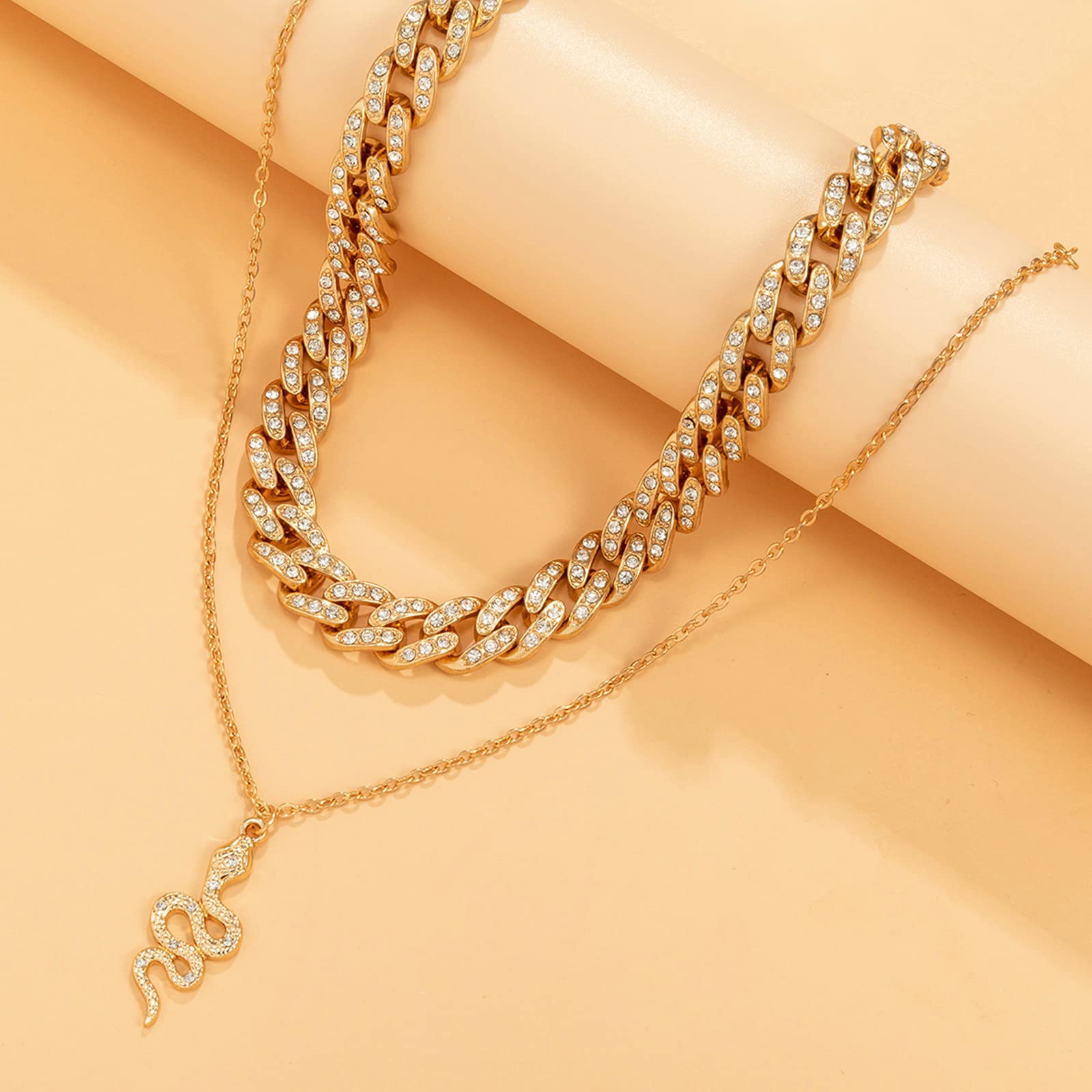CZ Snake Pendant Layered Choker Necklace for Women | 2-Layer Gold Cuban Chain Necklace Set with Cubic Zirconia | Perfect for Parties, Date Nights & Everyday Wear